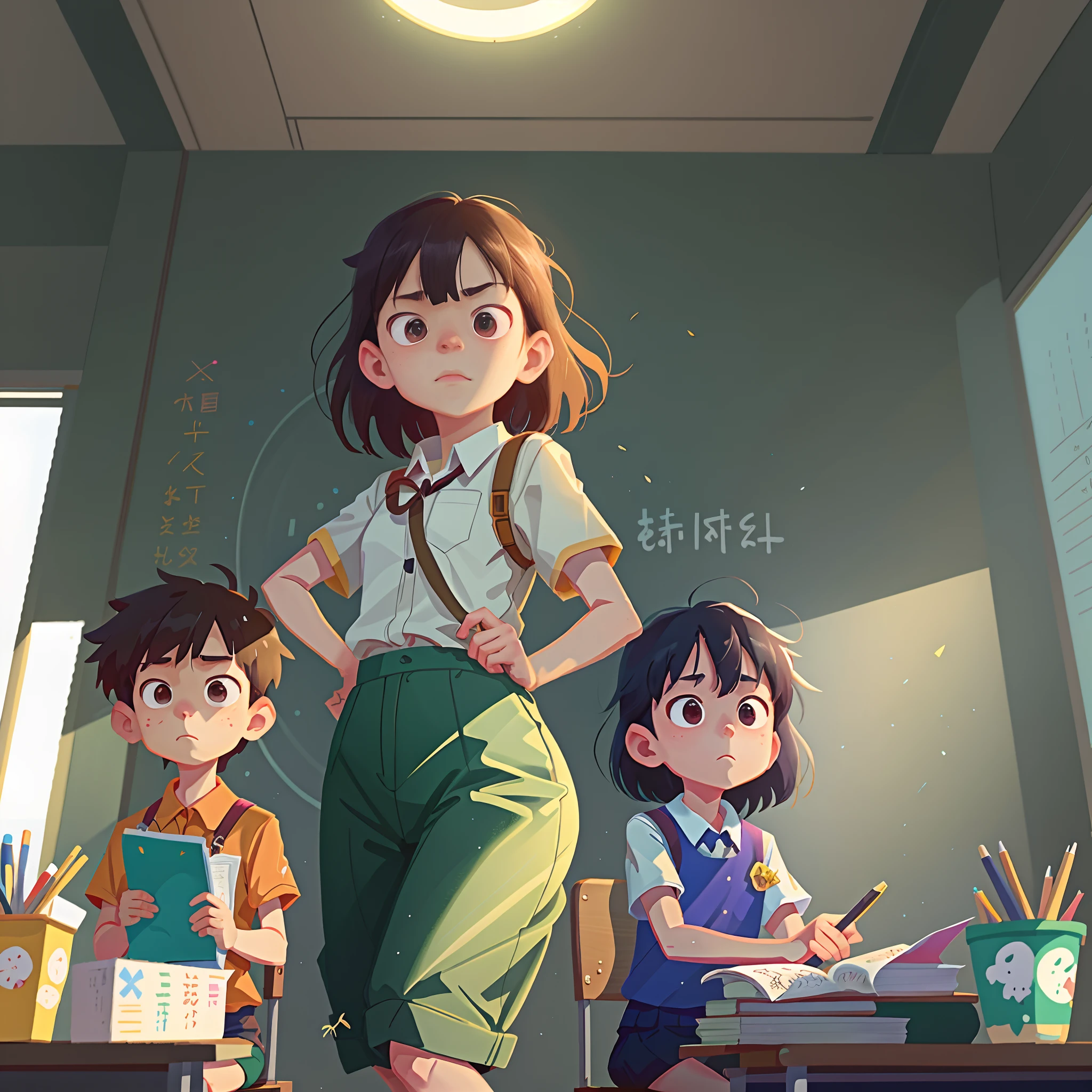 1. The teacher stands on the podium,Anime children sitting at a table,There are teachers in front of you, childrens art in artstation, atey ghailan 8 k, author:Zhang Shengqi, typical anime classroom, Classe escolar, author:Lee Jeon-suk, ( ( Makoto Shinkai ) ), studio glibly makoto shinkai, author:yanjun cheng, author:Kim Jong-hee