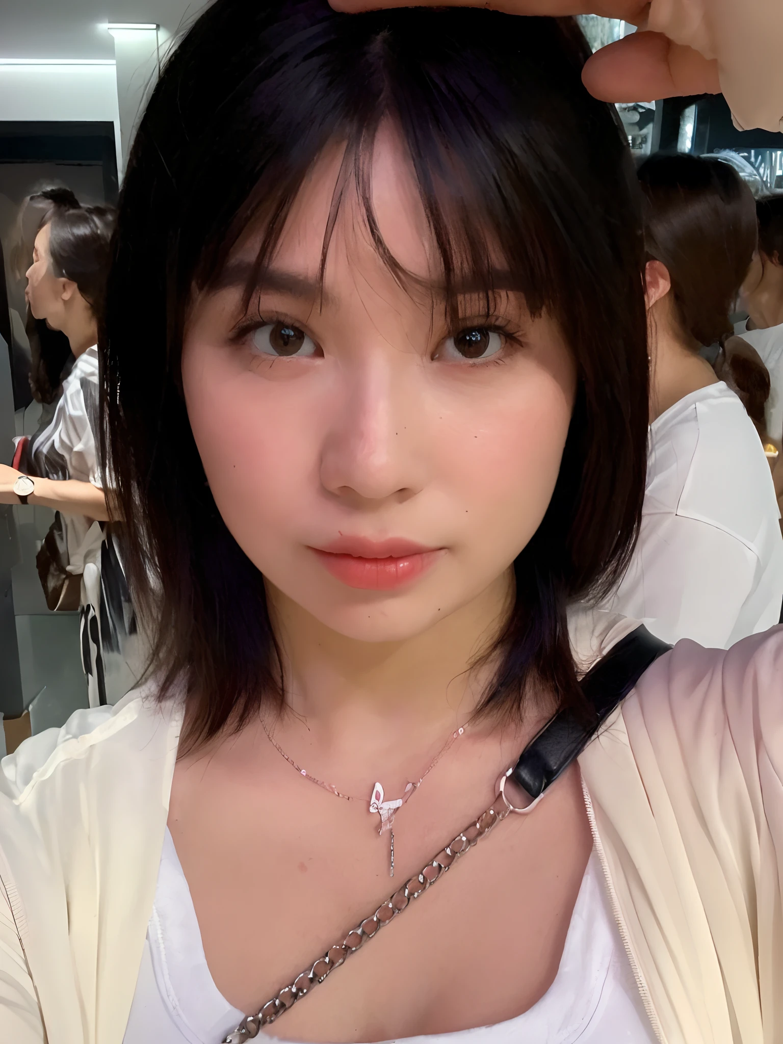 ((Best quality, 8k, Masterpiece :1.3)), Whole body, Long legs, Sharp focus :1.2, ((A pretty woman with perfect figure :1.4)), Slender abs :1.2, ((Dark brown hair, Huge breasts :1.2)), White tank top short dress :1.1, (Night city view :1.1), Highly detailed face and skin texture, Detailed eyes, Double eyelid