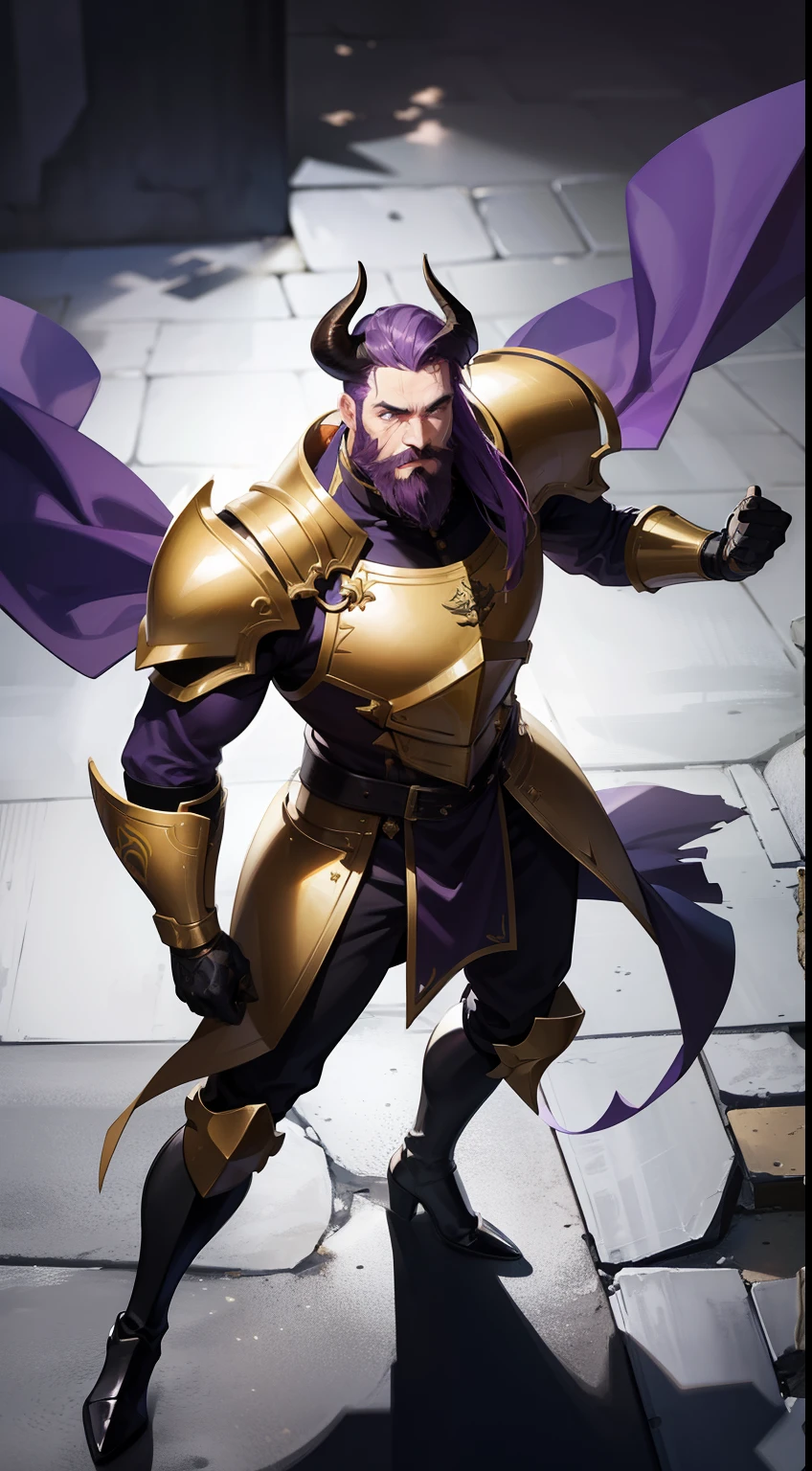 1man,beard,30s,bull horns,solo,muscle.purple hair, templar golden knight outfit, head armor,face armor,serious face,black long boots,night