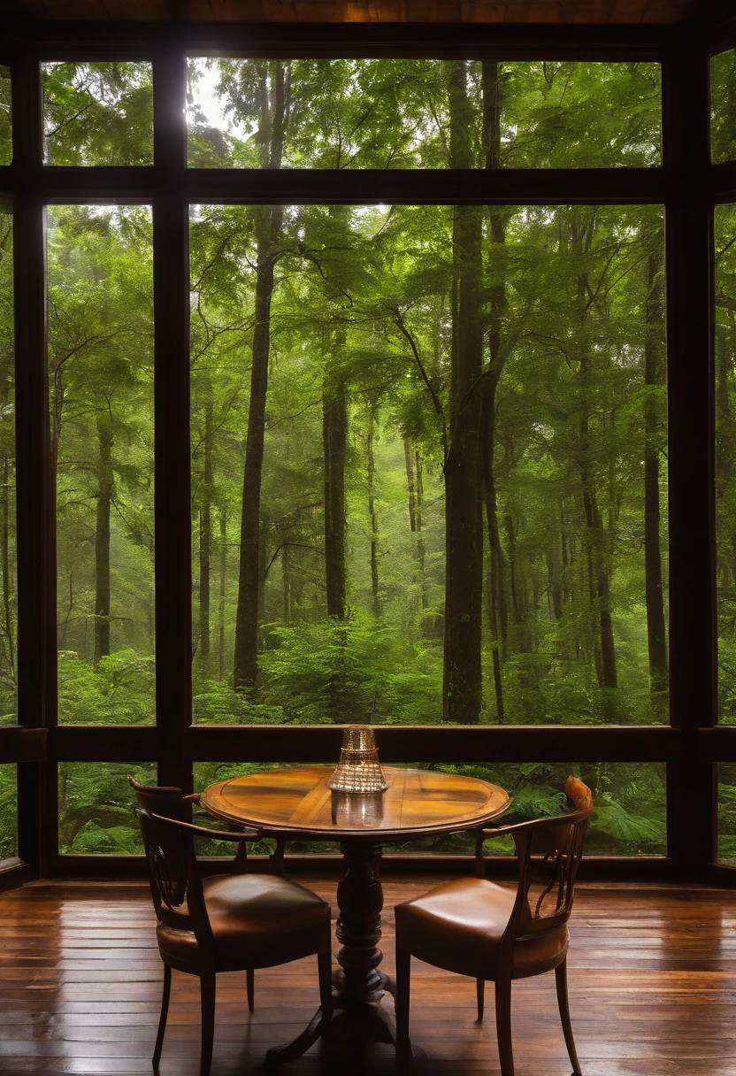 Vista interior da casa de madeira com grande janela de vidro com vista para uma floresta, The weather is heavy rain, agua escorre no vidro, clima frio, nem nome, Floresta densa fora, lareira com fogo baixo, livros na estante, wooden table with cups of hot coffee for two, (a man and a woman are seated) on a brown leather sofa, Eles conversam e riem.