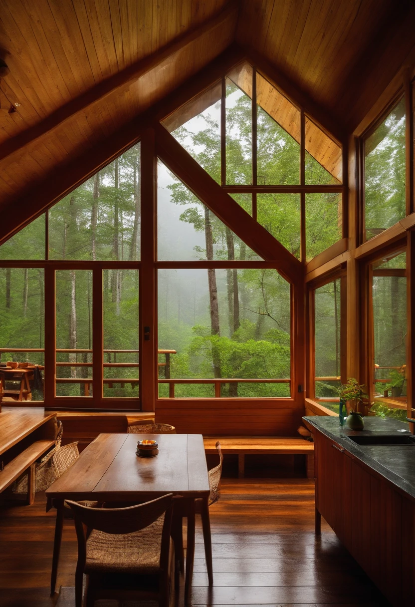 Vista interior da casa de madeira com grande janela de vidro com vista para uma floresta, The weather is heavy rain, agua escorre no vidro, clima frio, nem nome, Floresta densa fora, lareira com fogo baixo, livros na estante, wooden table with cups of hot coffee for two, (a man and a woman are seated) on a brown leather sofa, Eles conversam e riem.
