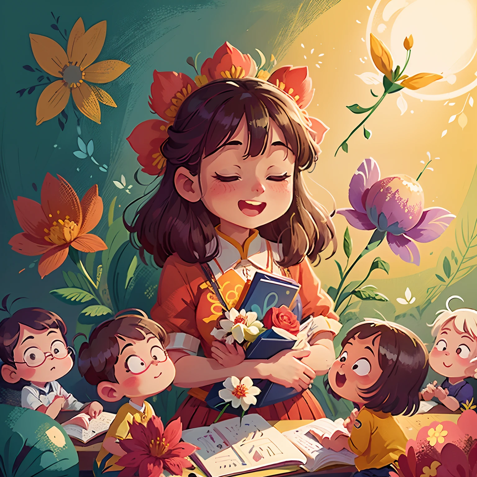 Teacher's Day illustration，A lovely teacher holding flowers，Surrounded by a group of students，In a classroom，Simple vector art，cheerfulness，Rejoice，Soft color palette，abstract paintings，Zen Buddhism，Overlay art with abstract light，Contemporary Chinese literati，Color gradient，Hierarchical form，Whimsical picture，Ethereal style painting