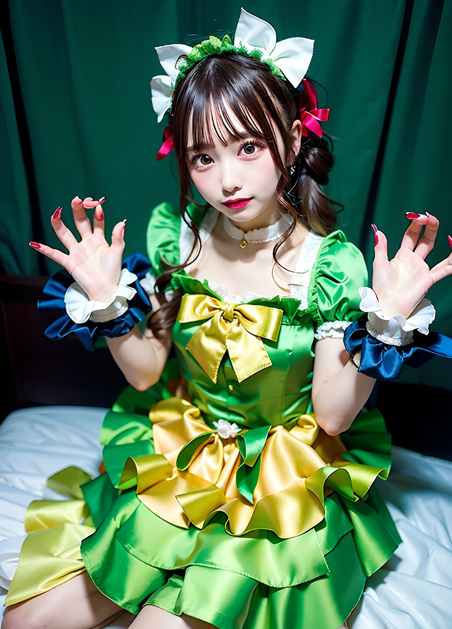 Woman in gold satin dress sitting on bed, cosplay of a catboy! maid! Dress, Twin-tailed、gloves, portrait of the magical Lolita girl, loli in dress, Anime girl cosplay, Lori, anime girls in maid costumes, Anime Cosplay, cosplay foto, Belle Delphine, with index finger, fairycore, green colored skin!!
