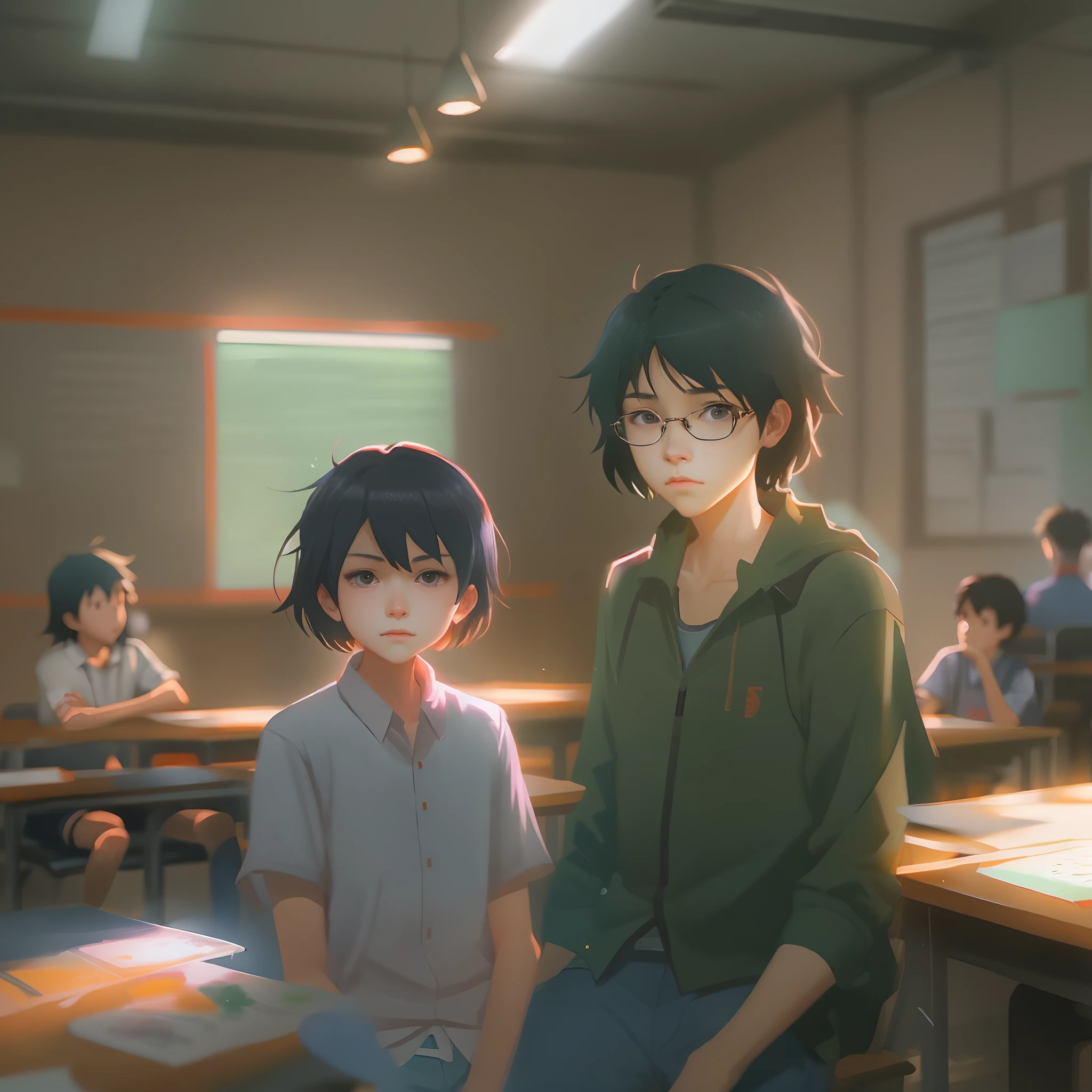 1. The teacher stands on the podium,Anime children sitting at a table,There are teachers in front of you, childrens art in artstation, atey ghailan 8 k, author:Zhang Shengqi, typical anime classroom, Classe escolar, author:Lee Jeon-suk, ( ( Makoto Shinkai ) ), studio glibly makoto shinkai, author:yanjun cheng, author:Kim Jong-hee