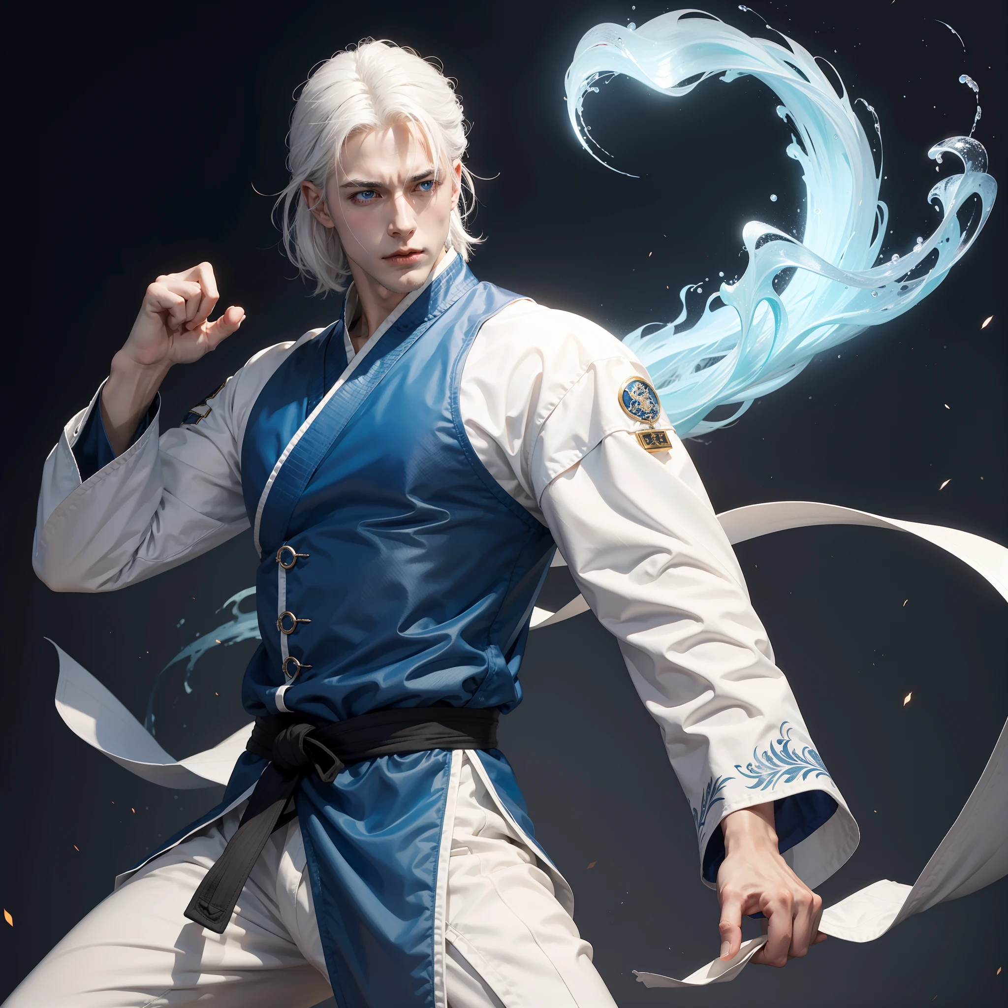 one handsome man, beautiful white hair, blue eyes,  posing ,martial arts clothes, one hand raised in front, the other hand placed on the hip, the aura pulsed