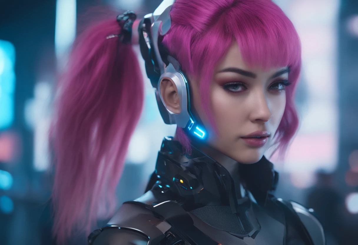 Title: Cyberpunk Girl: The Perfect Visual: Immerse yourself in the world of a superhuman empowered by advanced cybernetic enhancements, dedicated to shielding humanity from high-tech threats,cyberpop,Tokyoneon,future,light-blue,pink,f antastic,cute,mechanical