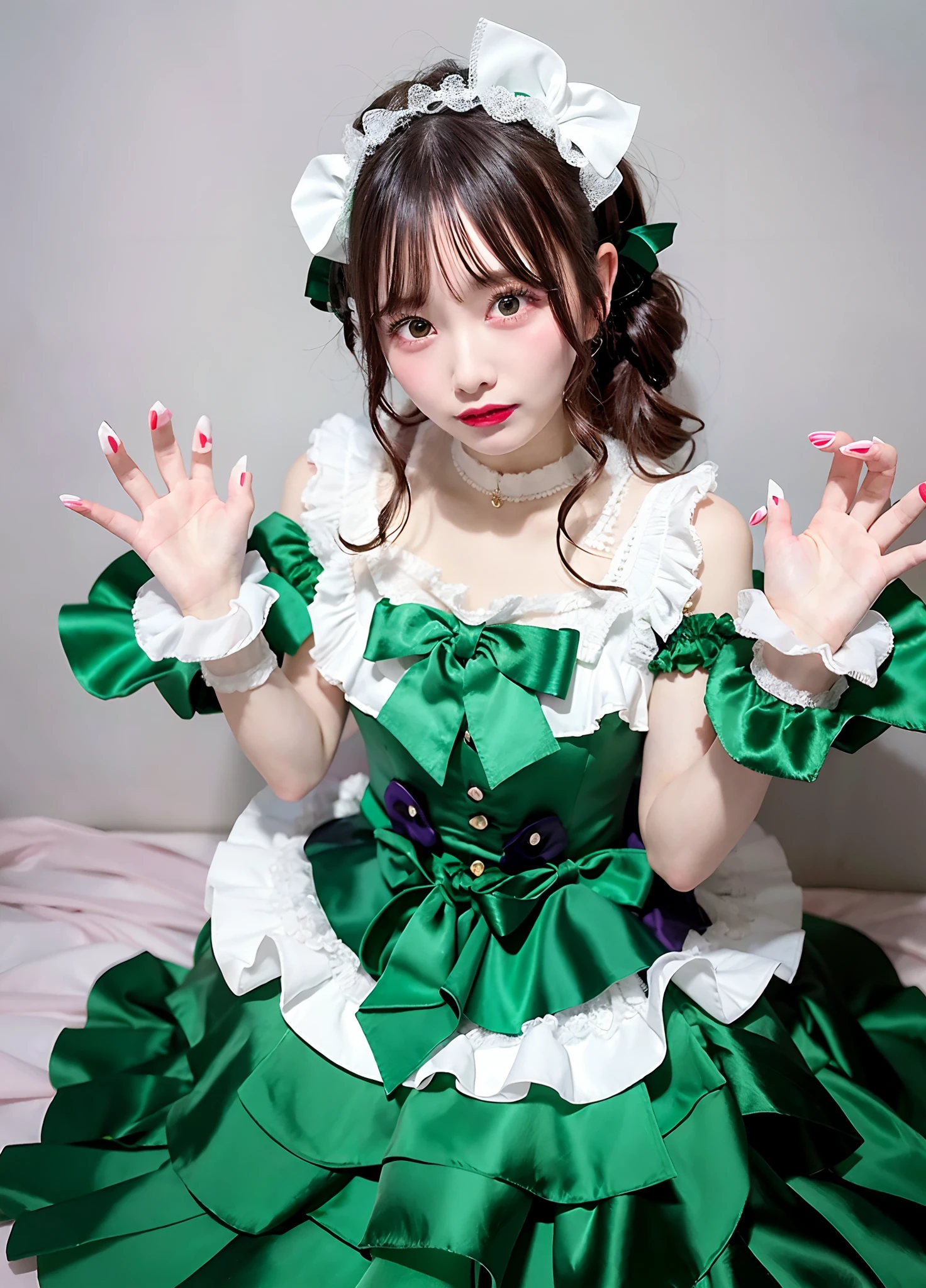 Woman in green satin dress posing for photo, angelic pretty, Belle Delphine, fairycore, kawaii decora rainbowcore, portrait of the magical ta girl, Lolityle, y 2 k cutecore clowncore, cutecore, Lolita Fon, by Ayami Kojima, kinomoto sakura, Satin costume with frills, Lori, juri misaki