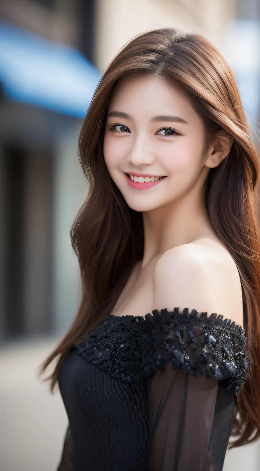 ((Best quality, 8k, Masterpiece :1.3)), 1girl, smiling, full body, slim face, Pretty woman, (Dark brown hair), full length dress :1.1, Ultra-detailed face, Detailed eyes, Double eyelid, blur background, slim face, city, outside, street,