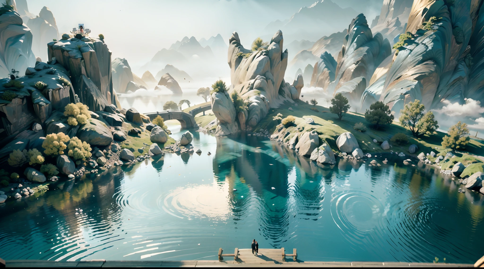 A grand spectacle,The Confucian sage Confucius sat opposite the Taoist Tianzun Laozi,Debating on the edge of a huge river,真实感,Masterpiece quality,best qualtiy,super wide shot