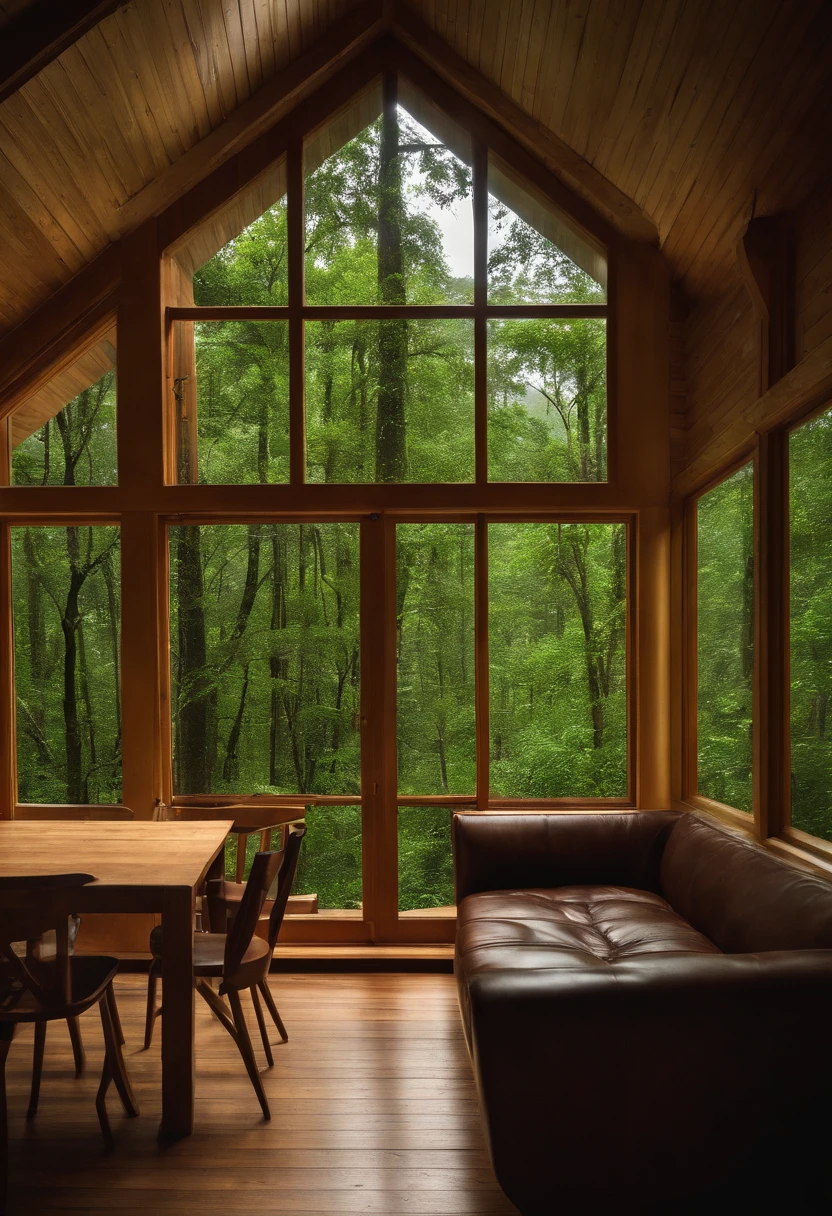 Interior view of wooden house with large glass window overlooking a forest, The weather is heavy rain, agua escorre no vidro, clima frio, sem neve, Dense forest outside, lareira com fogo baixo, livros na estante, wooden table with cups of hot coffee for two, A man and a woman are sitting on a brown leather sofa, eles conversam e riem.