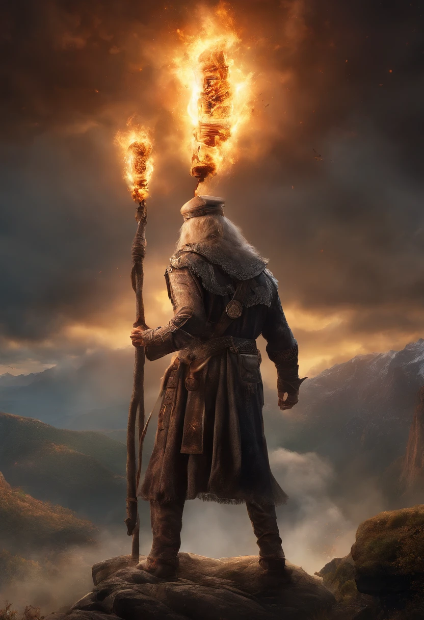 There is a man standing on a mountain with a torch of fire, a sorcerer casting a fireball, segurando uma tocha, a tocha que todos devemos segurar, holding the elder wand, holding a magic staff, segurando uma varinha, Imagens de jogabilidade, Segurando a parede, varinhas de segurar, concept art magical highlight, captura de tela do jogo