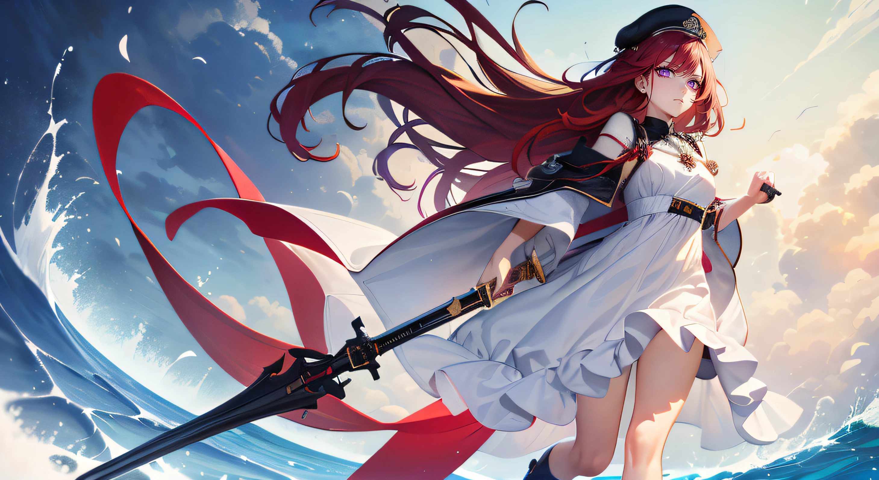 masterpiece, high definition, 2girl, sisters, fighting, sibling with red hair and black hair, handing flower, sea, adult, mature, white dress, commander cap, sword, gun, full body, black boots