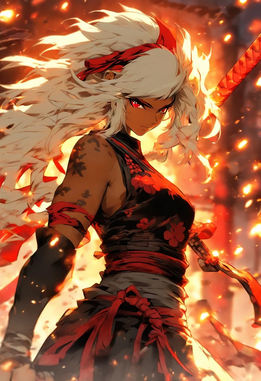 The most beautiful and sexy ninja warrior princess, long white hair, red eyes, dark skin, beautiful and highly detailed battle armor, tattoos and piercings, blood splattered, cherry blossoms blowing in the wind , sengoku period, perfect masterpiece, high quality, high resolution