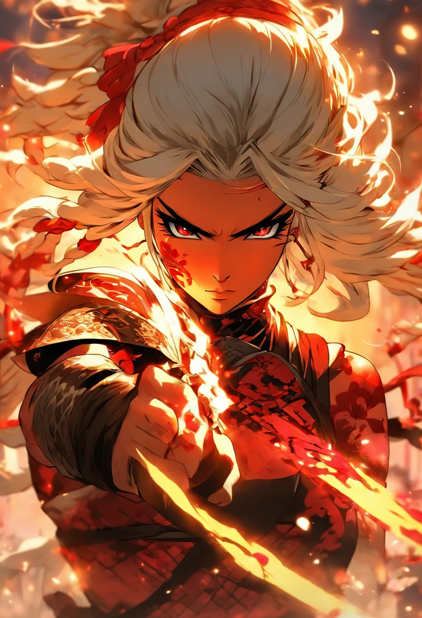 The most beautiful and sexy ninja warrior princess, long white hair, red eyes, dark skin, beautiful and highly detailed battle armor, tattoos and piercings, blood splattered, cherry blossoms blowing in the wind , sengoku period, perfect masterpiece, high quality, high resolution