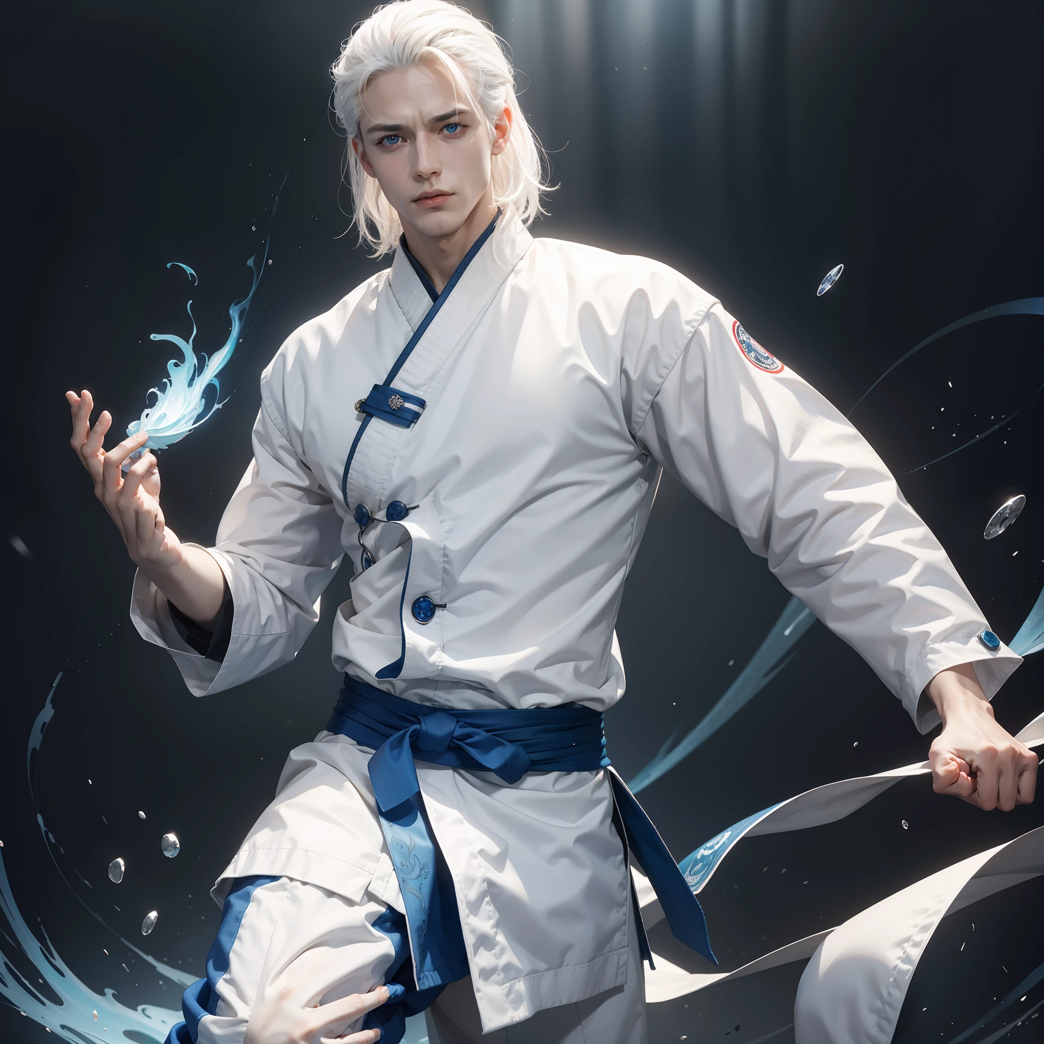 one handsome man, beautiful white hair, blue eyes, posing ,martial arts clothes, one hand raised in front, the other one hand placed on the hip, the aura pulsed