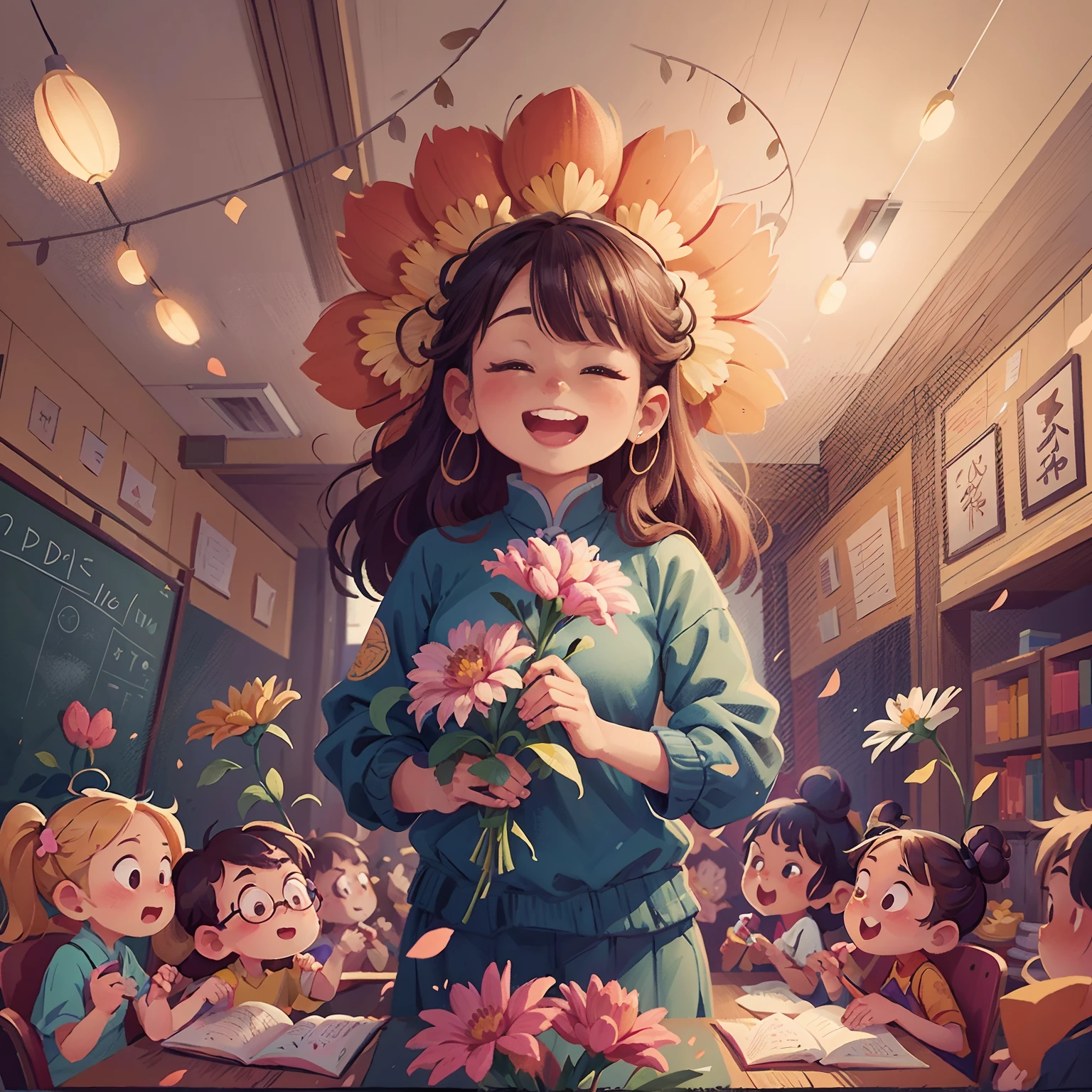 Teacher's Day illustration，A lovely teacher holding flowers，Surrounded by a group of students，In a classroom，Simple vector art，cheerfulness，Rejoice，Soft color palette，abstract paintings，Zen Buddhism，Overlay art with abstract light，Contemporary Chinese literati，Color gradient，Hierarchical form，Whimsical picture，Ethereal style painting