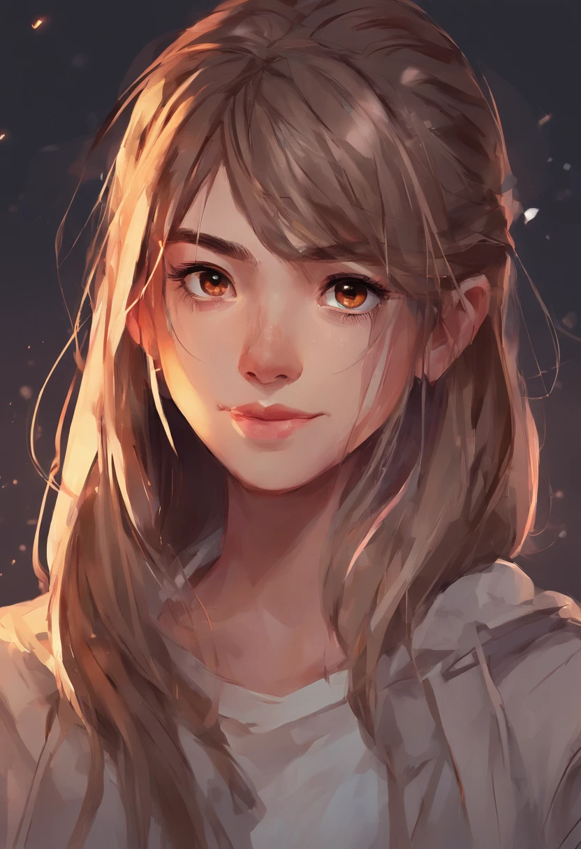 (a ager with light brown hair, streaked hair, and a hime cut), (medium hair), (hair between eyes), (streaming tears), (sad smile), (ray tracing), (8k, uhd)