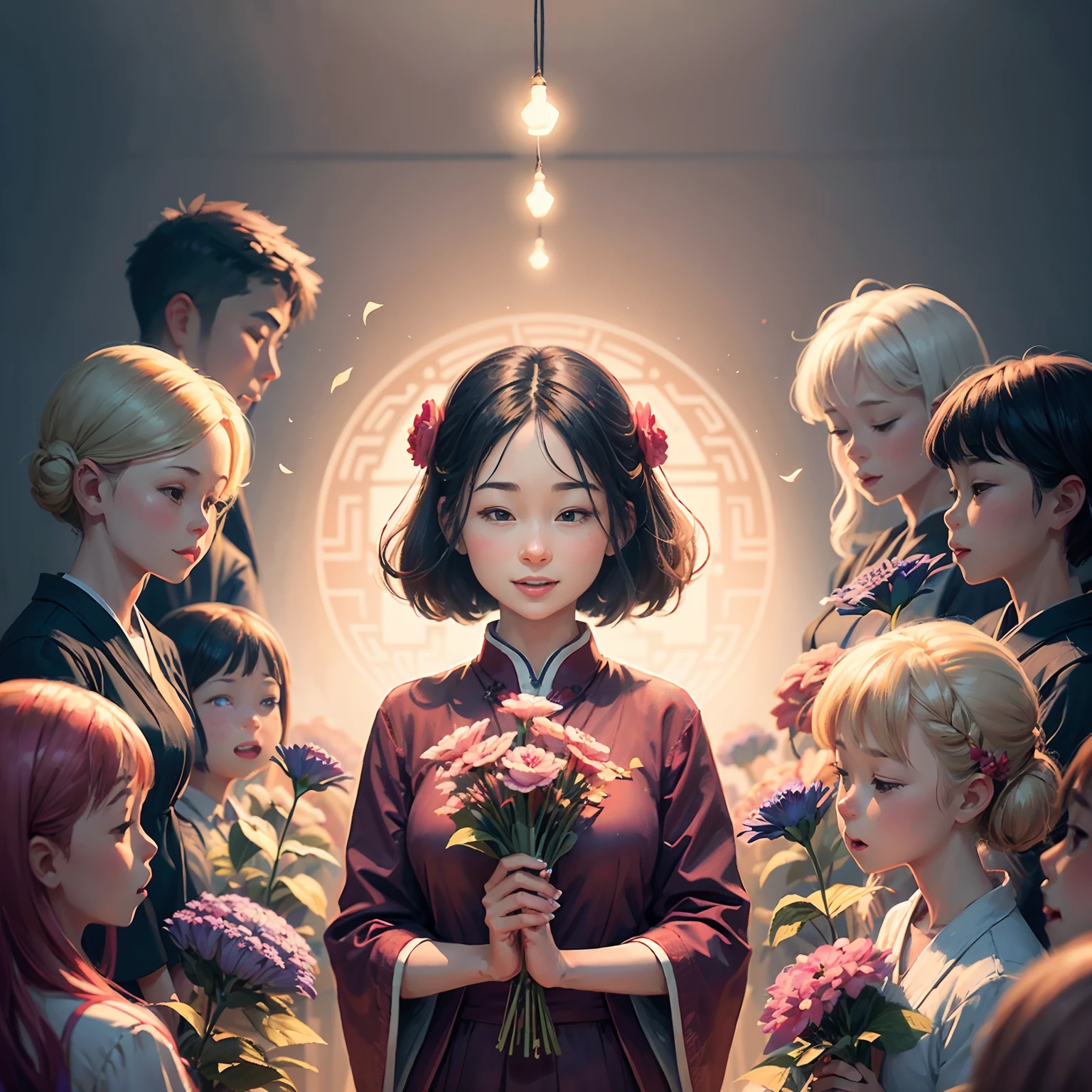 Teacher's Day illustration，A lovely teacher holding flowers，Surrounded by a group of students，In a classroom，Simple vector art，cheerfulness，Rejoice，Soft color palette，abstract paintings，Zen Buddhism，Overlay art with abstract light，Contemporary Chinese literati，Color gradient，Hierarchical form，Whimsical picture，Ethereal style painting