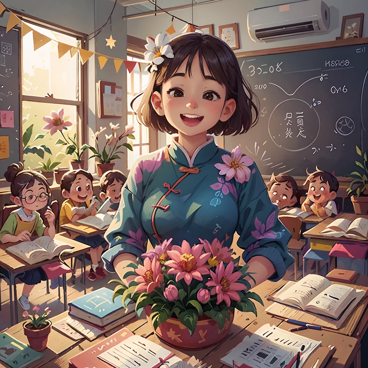 Teacher's Day illustration，A lovely teacher holding flowers，Surrounded by a group of students，In a classroom，Simple vector art，cheerfulness，Rejoice，Soft color palette，abstract paintings，Zen Buddhism，Overlay art with abstract light，Contemporary Chinese literati，Color gradient，Hierarchical form，Whimsical picture，Ethereal style painting