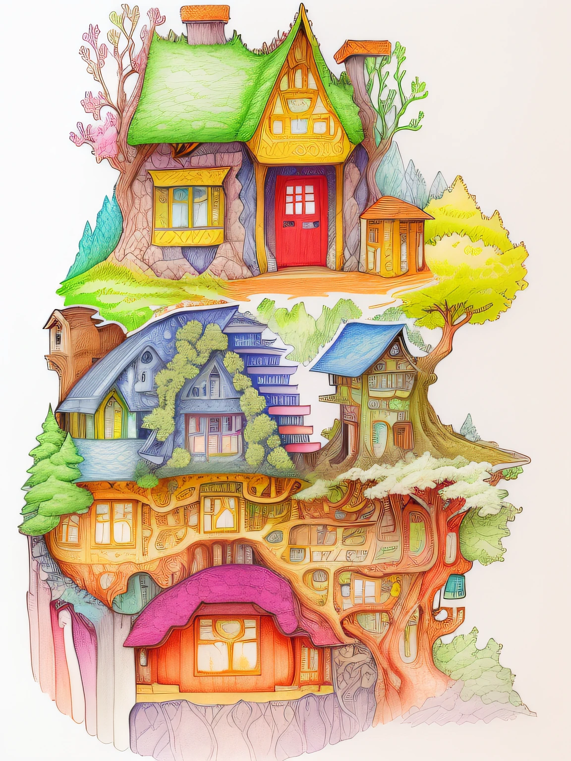 a drawing of a house with a tree on top of it, colourful!! highly detailed, enchanted forest tower, full color drawing, colorfull illustration, very detailed and colorful, colorful illustration, colored-pen drawing, colored drawing, colored sketch, fantasy house, colored illustration, highly detailed and colored, tree town, colored in, colorful drawing, coloured with lots of colour