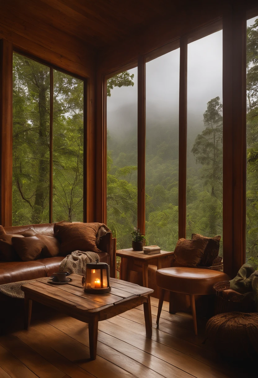 Vista interior da casa de madeira com grande janela de vidro com vista para uma floresta, The weather is heavy rain, agua escorre no vidro, clima frio, nem nome, Floresta densa fora, lareira com fogo baixo, livros na estante, wooden table with cups of hot coffee for two, (a man and a woman are seated) on a brown leather sofa, Eles conversam e riem.