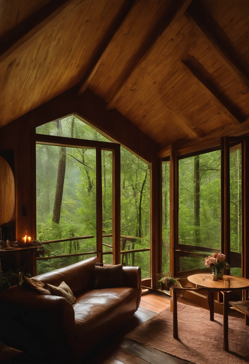 Interior view of wooden house with large glass window overlooking a forest, The weather is heavy rain, agua escorre no vidro, clima frio, sem neve, Dense forest outside, lareira com fogo baixo, livros na estante, wooden table with cups of hot coffee for two, (a man and a woman are seated) on a brown leather sofa, eles conversam e riem.