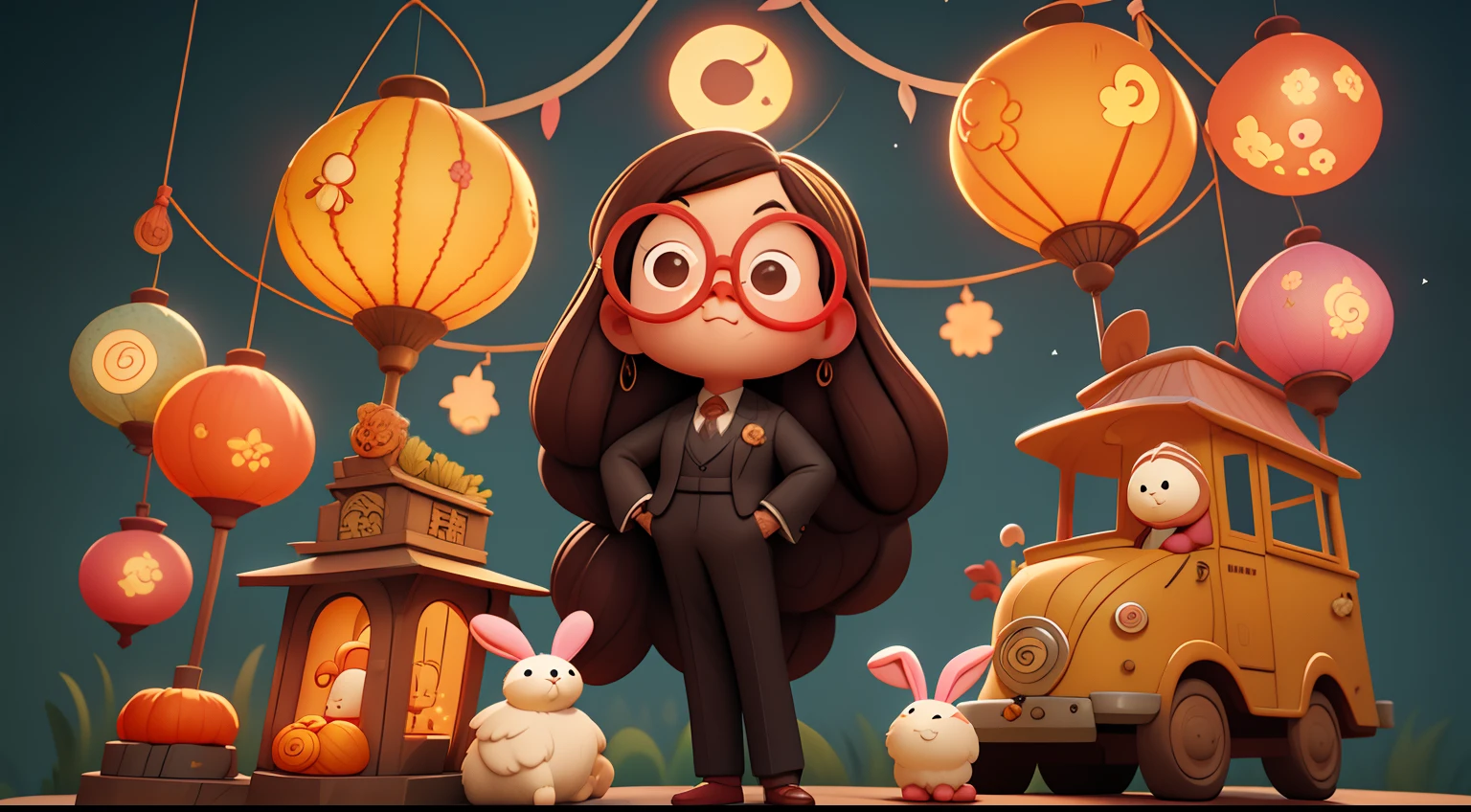 1woman，brunette color hair，dressed in a suit，eye glasses, Visit the temple fair，natta，Outdoor on the street，There are lanterns，lanterns，There are moons，A small number of rabbit dolls，((Mid-Autumn Festival))，Cartoony，pixar-style，3D，Cartoony，(Masterpiece，Best quality，Rich in intricate details)