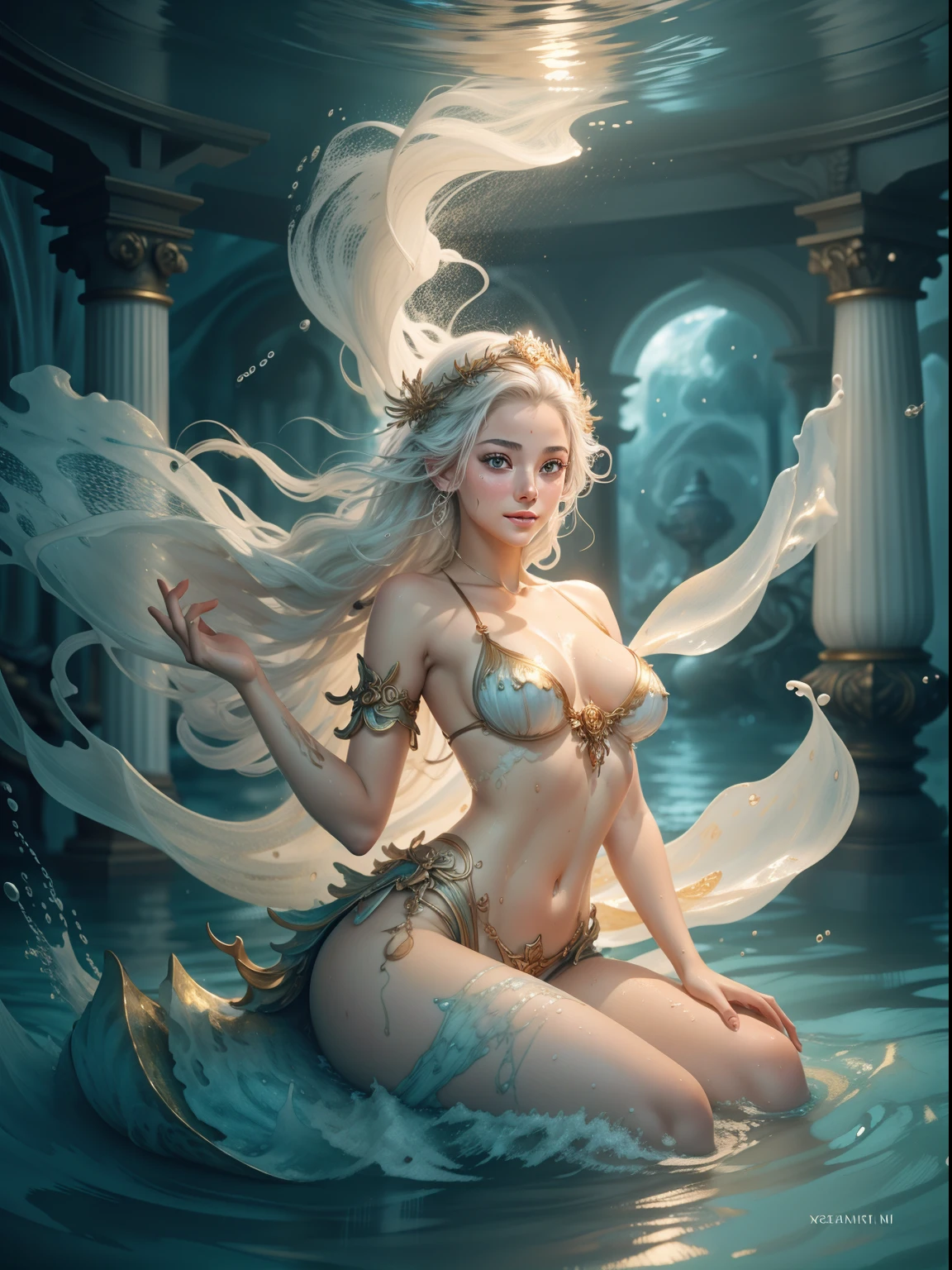 ((beautiful goddess sitting on the waves of the sea)),
((transparent vikini that shows the vagina)), masterpiece), best quality, expressive eyes, perfect face, long hair fused into multicolored sea waves, light lantern, lamp and antique clock, fantasy, fractal, Sakimichan-style art, slight smile, legs open, pubic hair view, 1 sexy girl, exposed breasts,skin wet with water and foam and bubbles,view from below, open legs showing open vagina, beautiful full female body wet with water,griffiths flesh art and wadim kashin concept art, nude woman, classical dancer, psychedelic dancer movement, moving ocean wave, sakimichan art body art, palette knife oil painting, metallic colors, olpntng style, beautiful ager, effect splatter, extremely smooth and fluid paint, 3D liquid paint, 3D fractals, gold and silver and bronze metallic colors, light particles, dreamy, 3D soft relief, bright sparkles, dreamy shine, concept art by Alberto Seveso, dripping paint, gold-silver and bronze oil painting, full body, beautiful girl, big buttocks, skin with watercolor paper texture, young girl, splash effect, sea, fluid, 3d fractals, light particles, dreamy shine , oil painting with strong strokes, dripping paint, night sky with storm, full moon, large foamy waves, floating bubbles, beautiful goddess emerging from the sea, long silver hair blurred with water, wet skin,cloudy sky with storm, night sky with dark clouds, full moon,