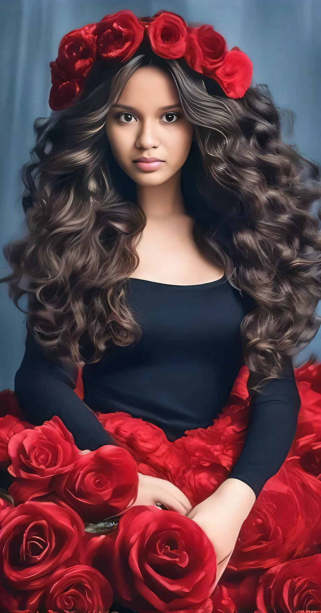 um close up de uma mulher com cabelos longos usando um vestido vermelho, flowing massive hair, big flowing hair, cabelos ondulados escuros vibrantes, penteado longo elaborado, longos cabelos castanhos encaracolados, longos cabelos cacheados intrincados, cabelo ondulado bonito, preto longo cabelo encaracolado longo, cabelos ondulados espalhados, cabelos cachos, cabelos longos cacheados, cabelos longos e cacheados, dynamic wavy hair, cabelo grande