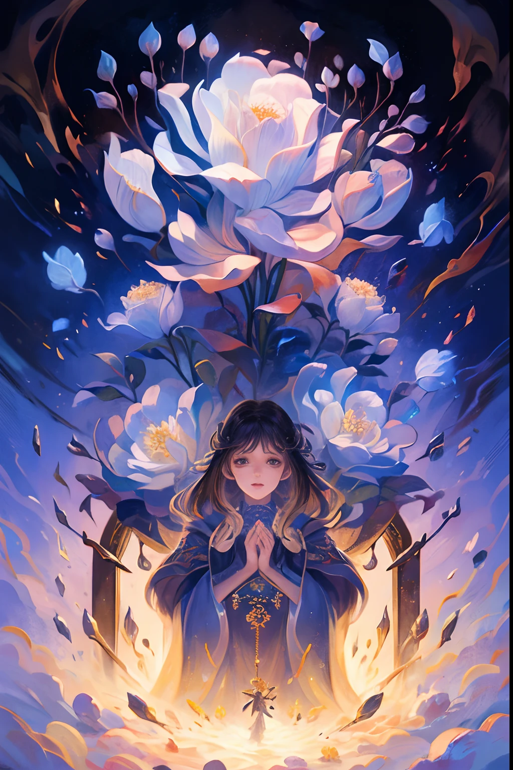 [Tarot cards:1.4]，Symmetrical up and down，Kizi，full bodyesbian，Fold your hands，Flowers bloom，（Extremely detailed:1.1），tmasterpiece，super-fine，best qualtiy，8K