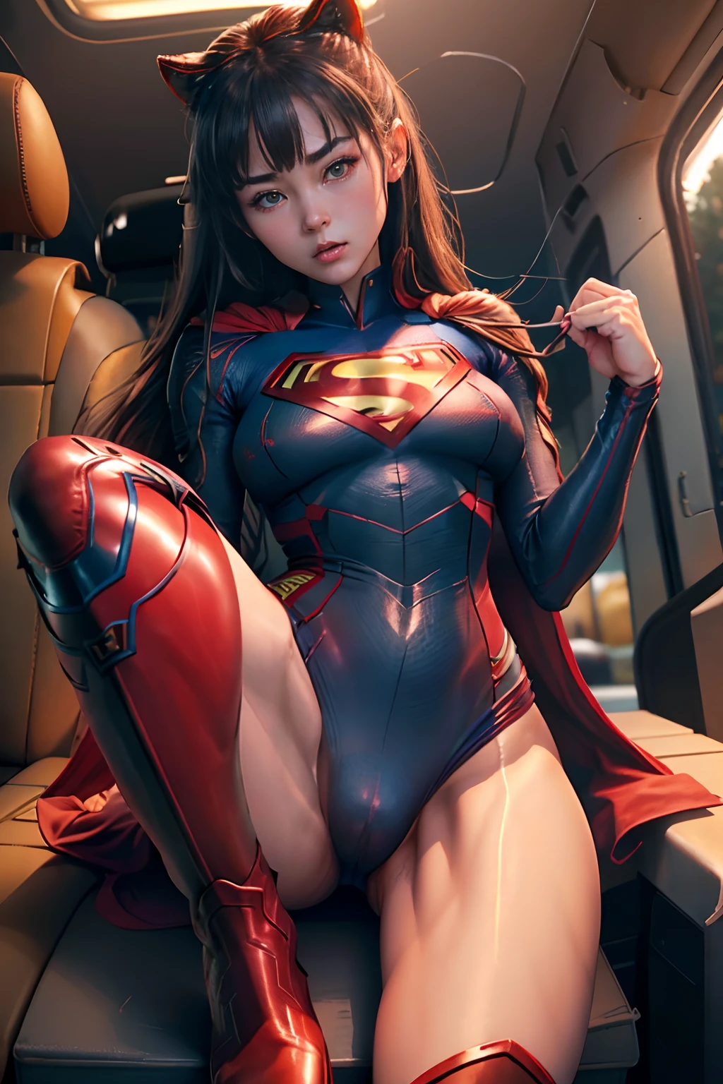 NSFW、top-quality、Top image quality、masterpiece、Create Japan Women, Day park bench, Black shiny hair, student, In ponytail hair with bangs, Blue Eyes and Igamem Realistic RAW 8K, In the car at night, Lens Tips, Superman S, Separate uniform-style costumes for athletics、Superman's Supergarment is Blue Metallic、abdominals、(((Small red metallic panties))), (((highleg)))、(((Cameltoe))), bulge in panties, female pervert々Lion Junior, (embarrassed from)、red blush, (Sweat), Superman S symbol on background. Show me spread your legs、(((Long boots in red metallic pin heels)))