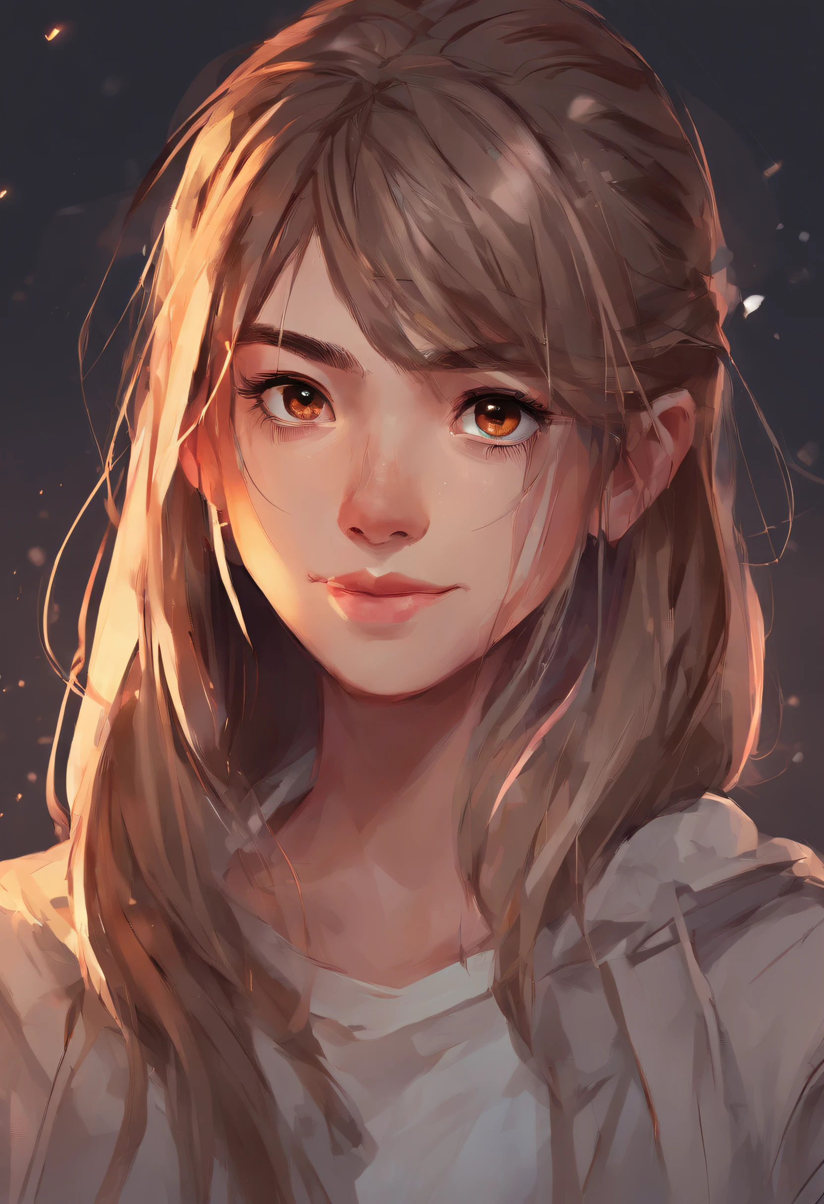 (a teenager with light brown hair, streaked hair, and a hime cut), (medium hair), (hair between eyes), (streaming tears), (sad smile), (ray tracing), (8k, uhd)