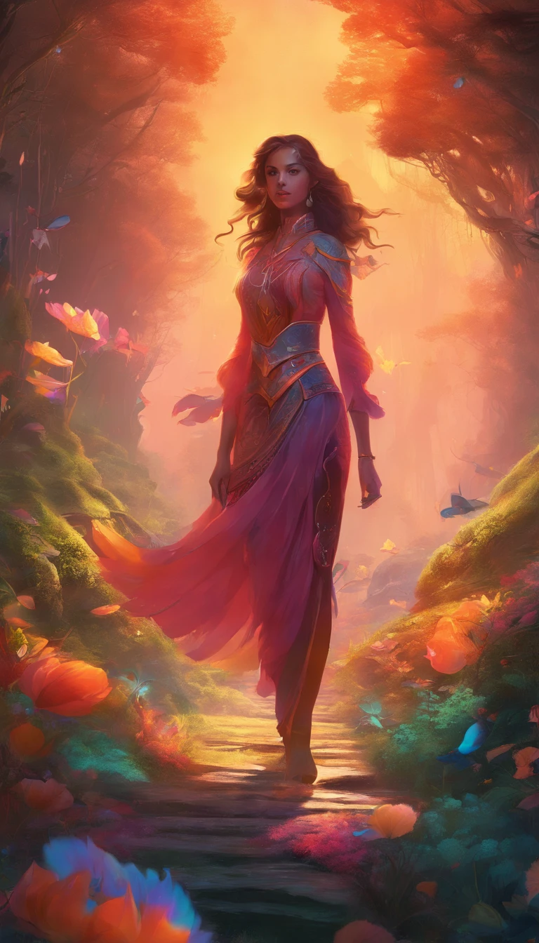 uma mulher caminhando por uma floresta com uma trilha brilhante, Artem Demura bipe, luz neon e fantasia, inspirado em Mike Winkelmann, por Mike "bipe" Winkelmann, cores do bipe, magical colours and atmosphere, bipe e Mike Winkelmann, por beeple, beep Daily Art