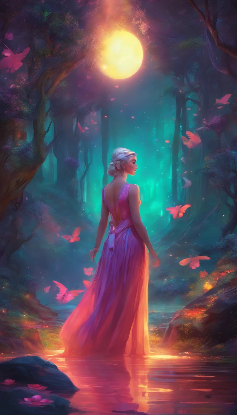 uma mulher caminhando por uma floresta com uma trilha brilhante, Artem Demura bipe, luz neon e fantasia, inspirado em Mike Winkelmann, por Mike "bipe" Winkelmann, cores do bipe, magical colours and atmosphere, bipe e Mike Winkelmann, por beeple, beep Daily Art