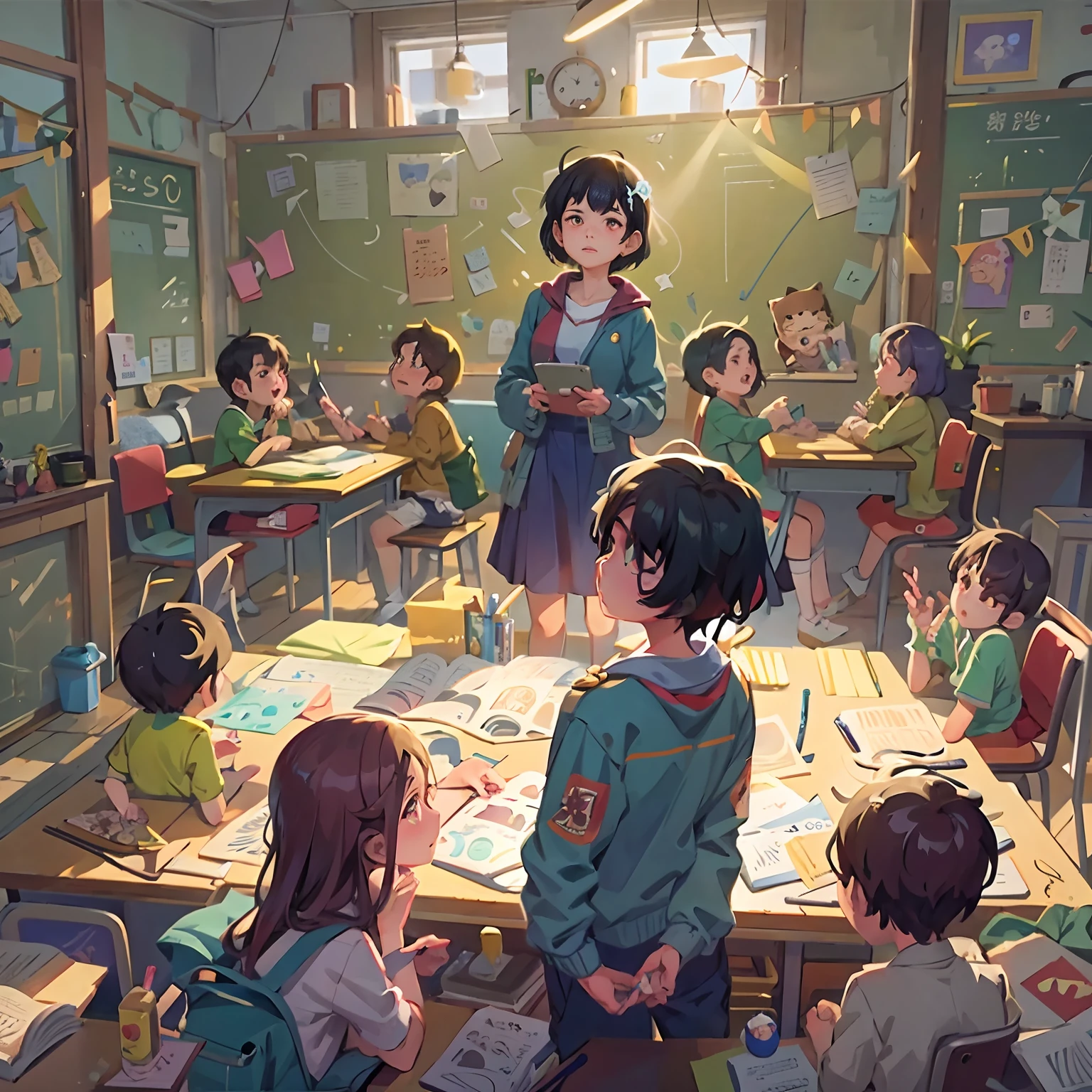 In a classroom, a female teacher stands in front of a blackboard, surrounded by students. The teacher is wearing a professional outfit with a black skirt and a white blouse, complemented by black stockings. The students are dressed in their school uniforms, consisting of a shirt, tie, and pleated skirt for the girls, and a shirt, tie, and trousers for the boys. The atmosphere in the classroom is focused and studious, with the teacher engaging the students in a lively discussion. The students are attentive, raising their hands and participating actively in the lesson. The classroom is well-lit, with colorful educational posters decorating the walls, creating a vibrant and stimulating learning environment.