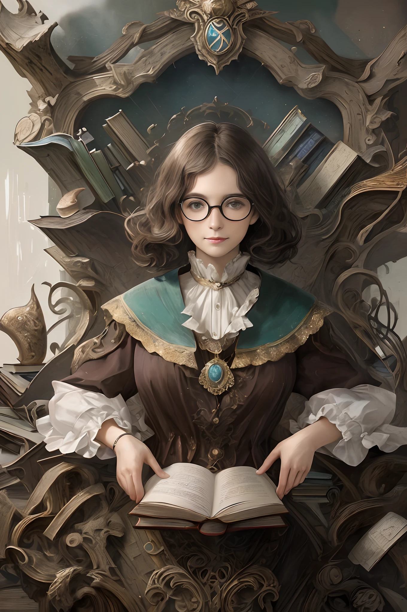 A 40-year-old teacher, Teacher, Wearing glasses, (Surrounded by a dozen booksn:1.4), upper body lens,the sea,wave,knowledge,nerds,abstract painting
