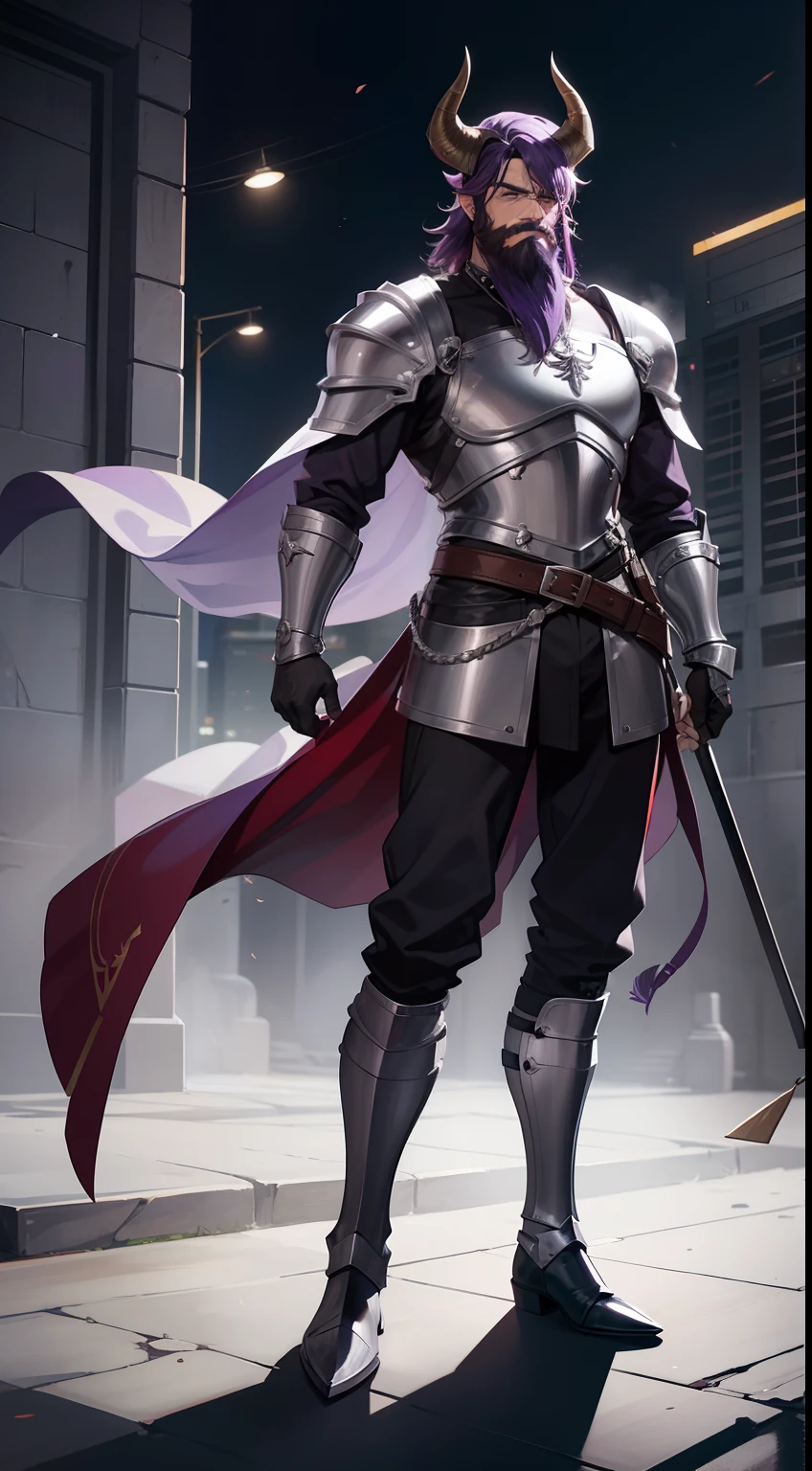 1man,beard,30s,bull horns,solo,muscle.purple hair,short hair, templar silver knight outfit, head armor,face armor,serious face,black long boots,night