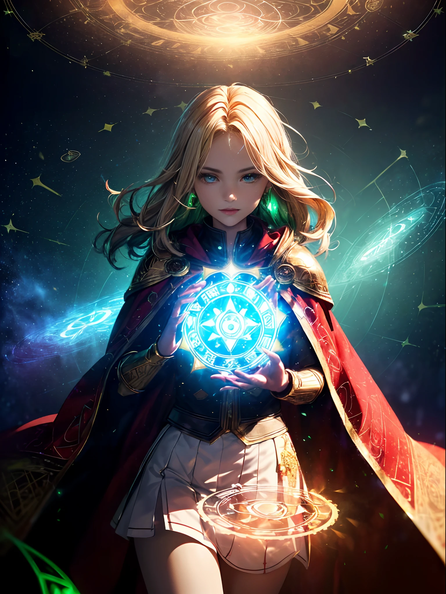 ((Masterpiece, highest quality, high definition, high detail)))), ((((Fantasy)))), one, (Elf woman)))), (short white skirt embroidered with gold), (Blonde long straight hair), (((bright dark blue eyes)))), (red cloak armor with gold embroidery:1.2)), Big, (Strong wind), (Cast spells)), (A lot of glowing grains are flying), ((( A vortex of light gathers in the hand))), (((Magic circle of light densely drawn with geometric patterns and magic letters in the background))), ((Many glowing green arrows are released)), forest, magic circle reflected in cloak