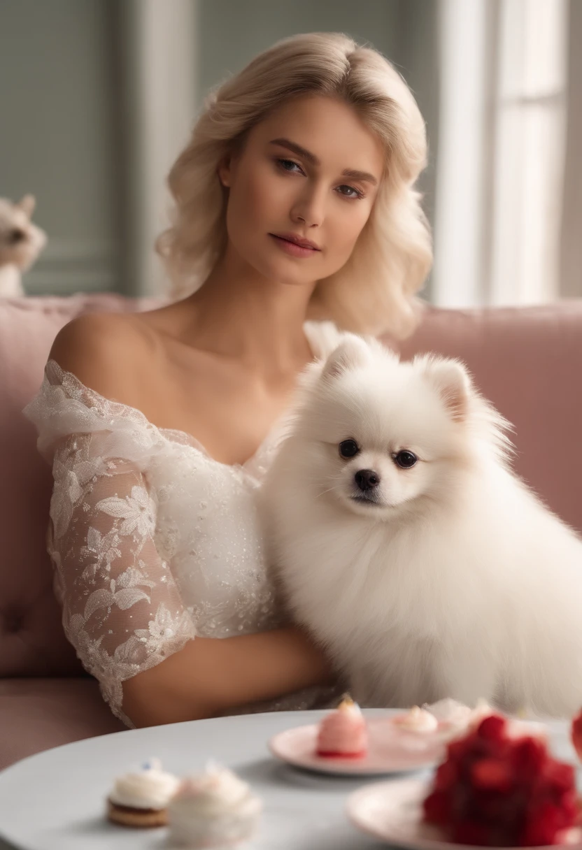 The woman is sitting on the couch with a small white Pomeranian crawling on her lap., in front of a birthday cake, Make a wish to the birthday cake, Celebrate your birthday, Elle a environ 1 6 ans, peau blanche, delicate facial features