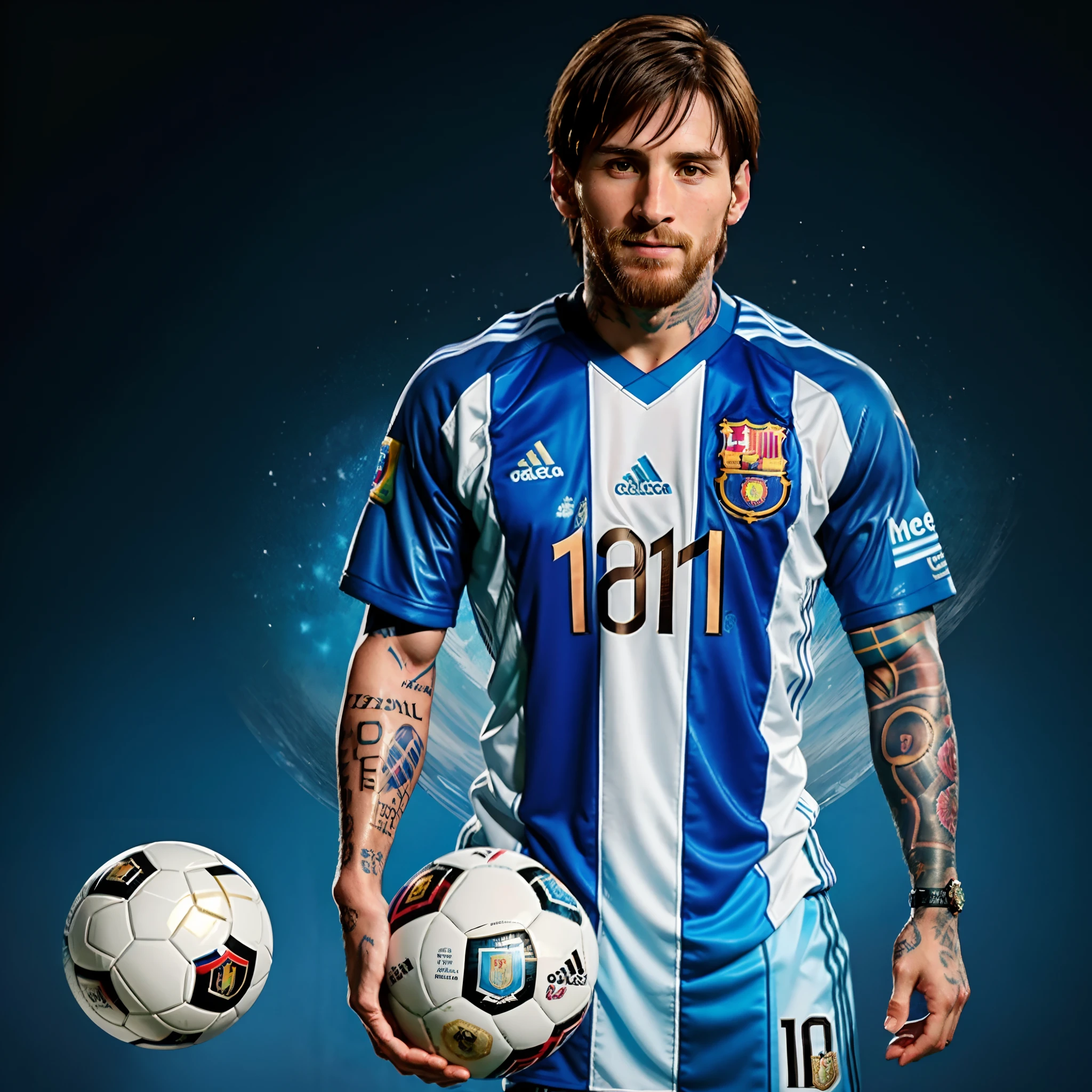 Leonal Messi with a tattoo on his arm and a soccer ball, messi, lionel messi, lionel messi portrait, messi as cyborg, messi as a viking, lionel messi as a muppet, luis melo, the best ever, 🚿🗝📝, 😃😀😄☺🙃😉😗, exclusive, no stipe, end of an era, argentina