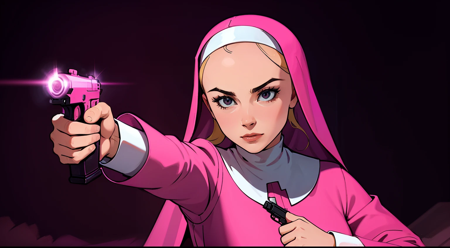 woman, wearing a pink nun suit, pointing a pistol, dark background, night time,