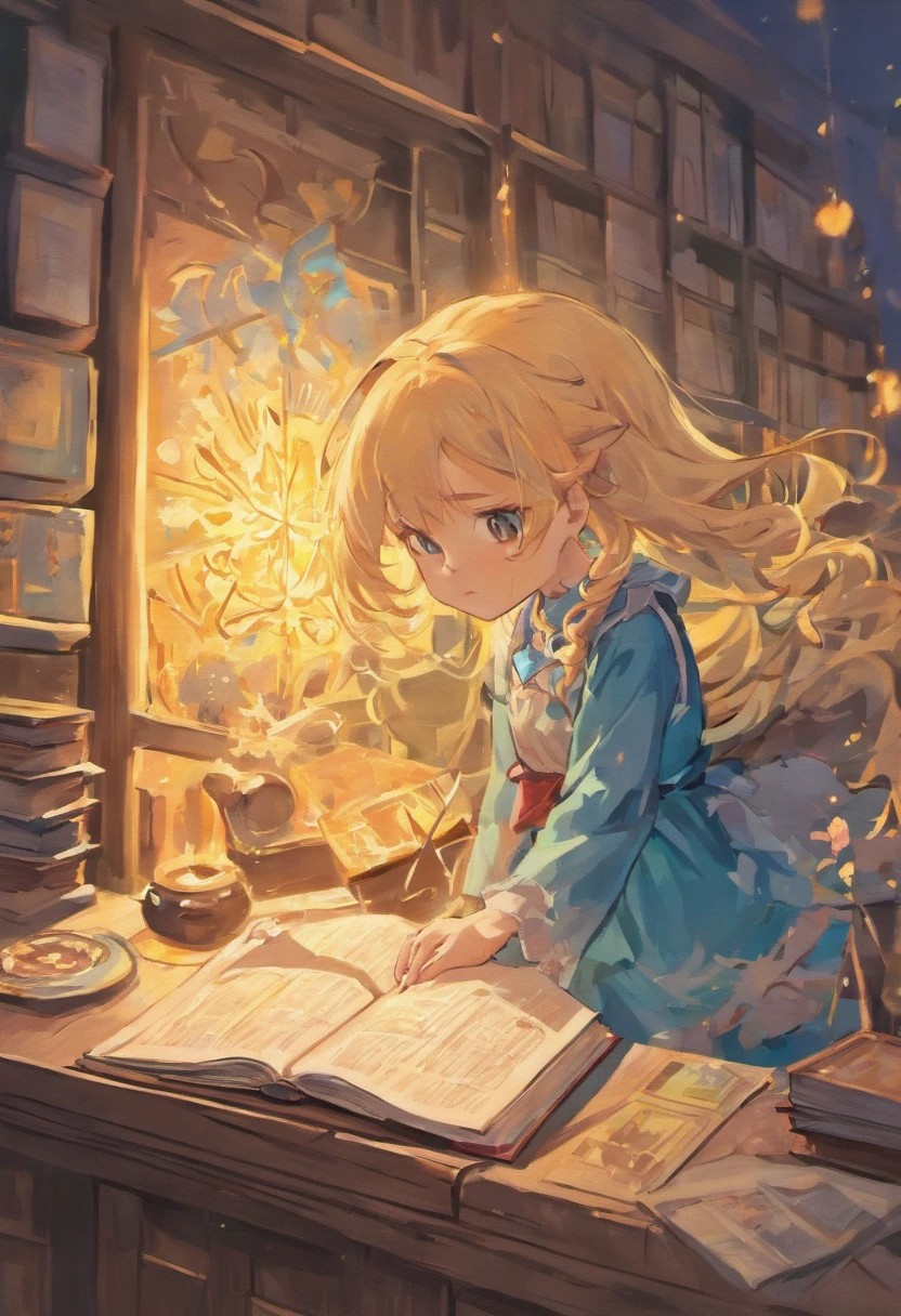 Desenhe uma menina de vestido azul e cabelo castanho, looking at a book he has in his hands and a light comes out of it. No fundo tem um quarto de dormir. The sun is setting on the horizon, Creating a magical environment full of possibilities. Realistic and very detailed image, com a anatomia bem detalhada.