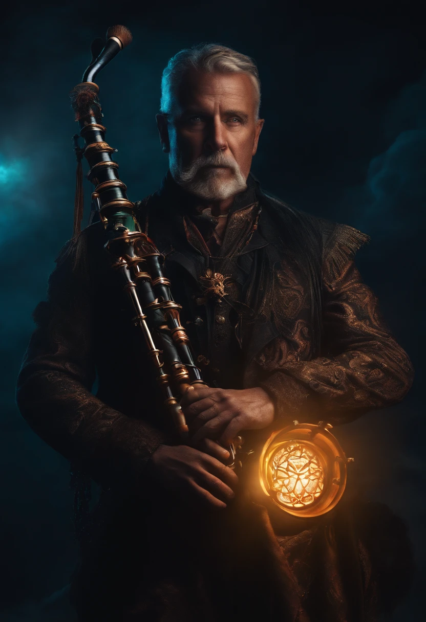 Cosmic Bagpipe player, glowing light eyes, Biomechanical, eerie, Creepy, nightmarish, Very bright colors, Light particles, with light glowing, Mshiff, wallpaper art, UHD wallpaper