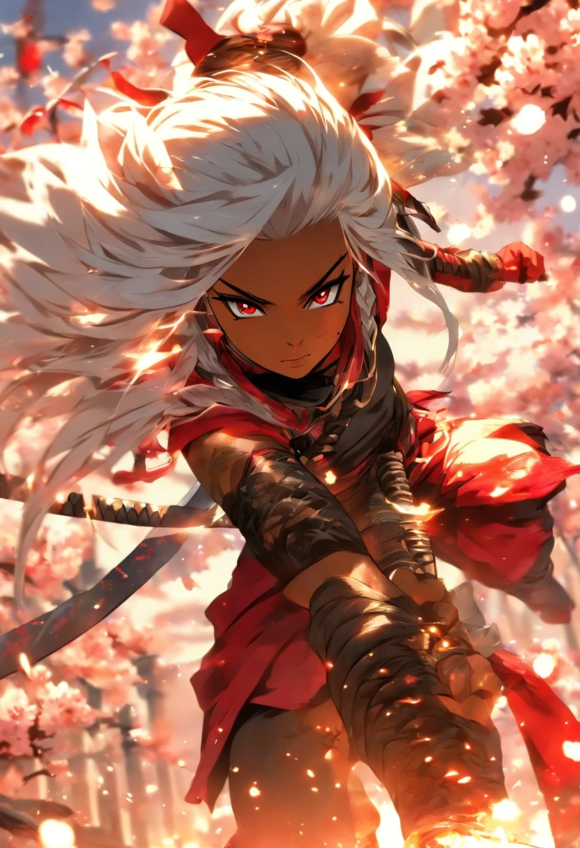 The most beautiful and sexy ninja warrior princess, long white hair, red eyes, dark skin, dark skin, beautiful and highly detailed battle armor, tattoos and piercings, blood splattered, cherry blossoms blowing in the wind , sengoku period, perfect masterpiece, high quality, high resolution