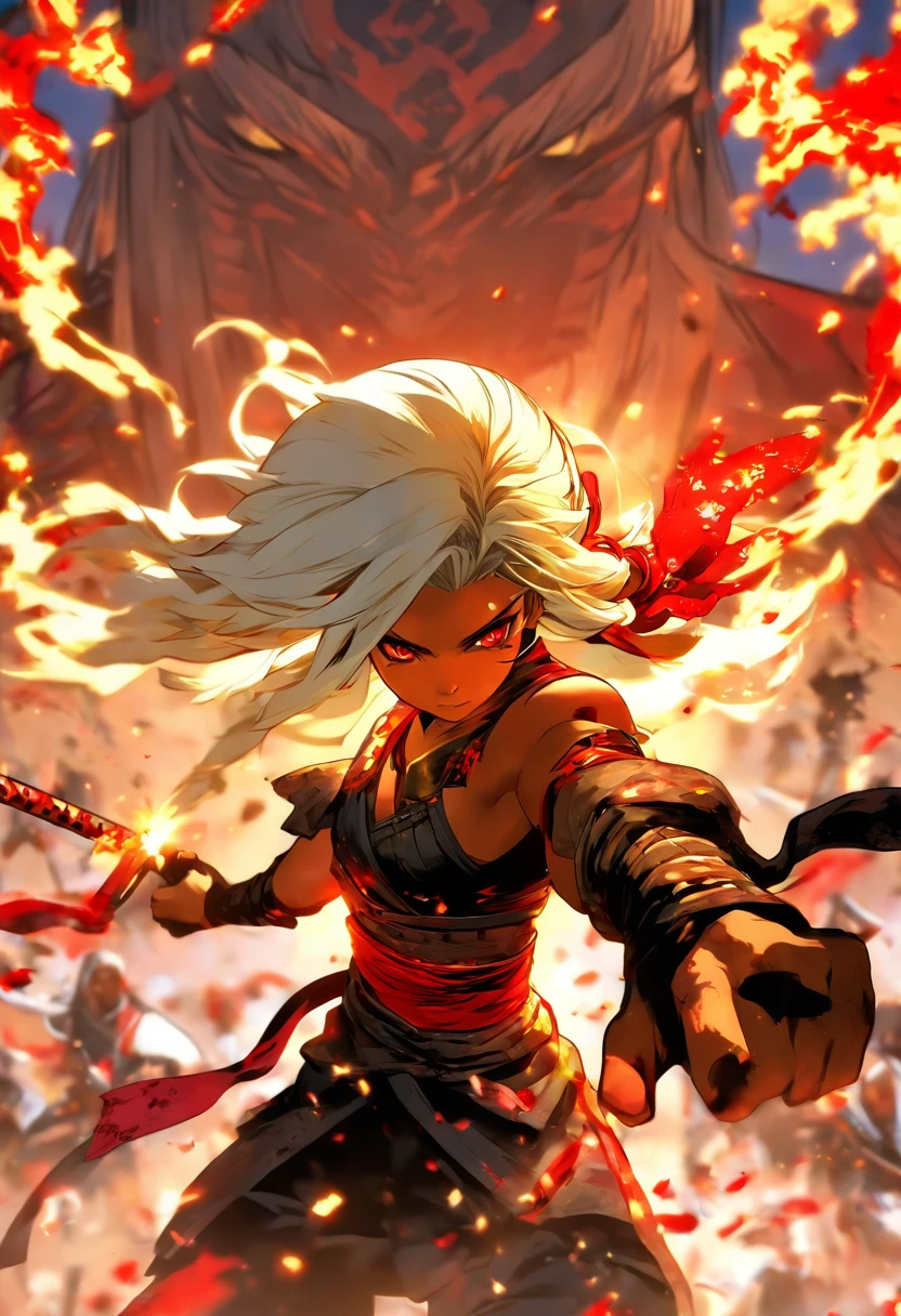 The most beautiful and sexy ninja warrior princess, long white hair, red eyes, dark skin, beautiful and highly detailed battle armor, tattoos and piercings, blood splattered, cherry blossoms blowing in the wind , sengoku period, perfect masterpiece, high quality, high resolution