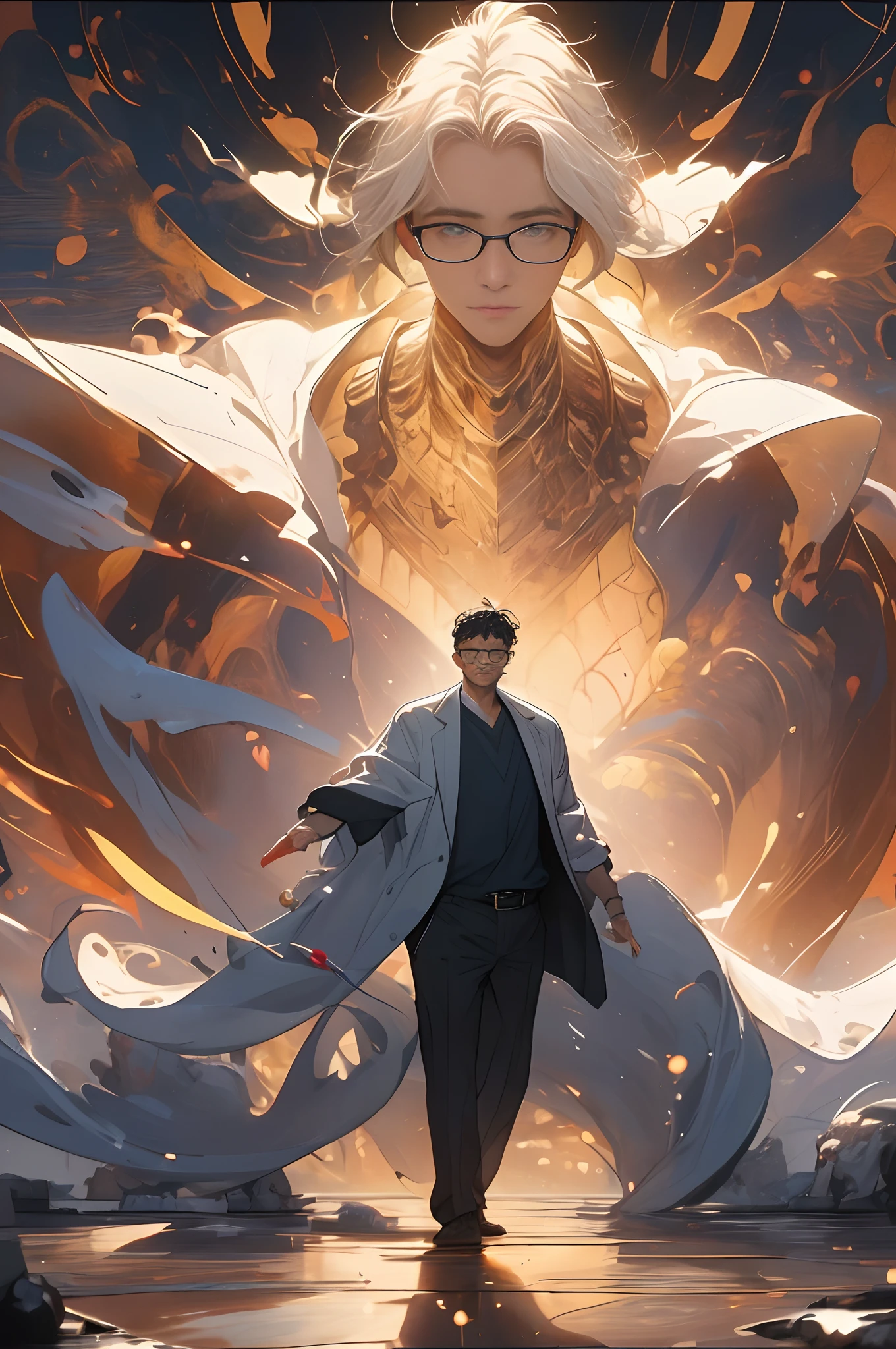 A 40-year-old teacher, Teacher, Wearing glasses, (Surrounded by a dozen booksn:1.4), upper body lens，the sea，wave，knowledge，nerds，abstract painting