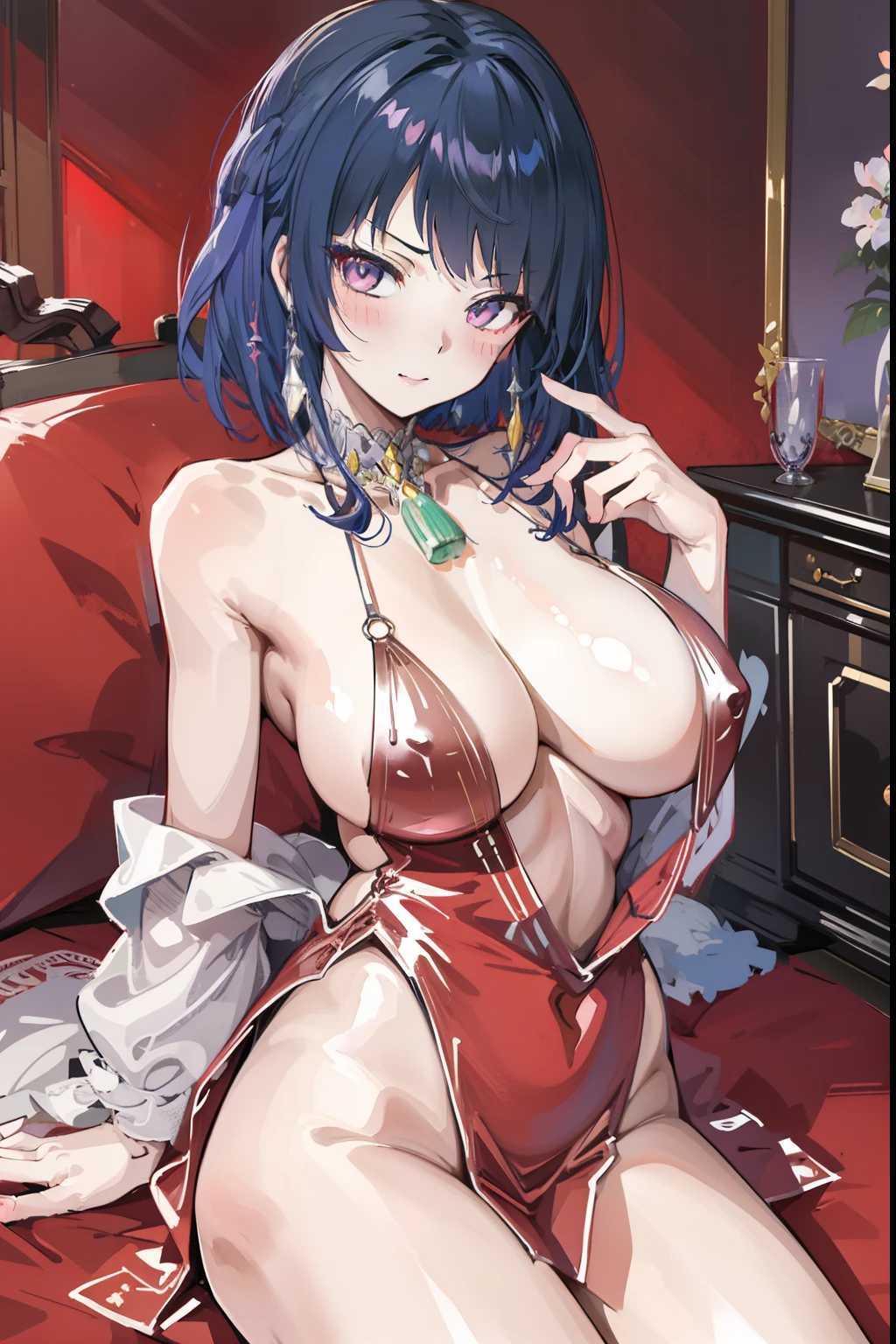 (masterpiece)1 girl, Yelan, Big Boobs, Genshin Impact, best quality, expressive eyes, perfect face, upper Big body, smile, blush, red evening gown with stockings, indoors, day, simple background, Laying Down on Bed, Bright sky, looking at viewer, stairs, moody lighting