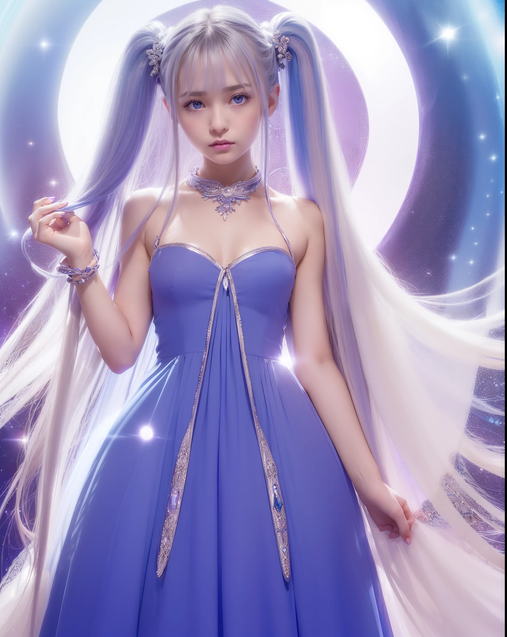 An ultra-high picture quality、(((full body Esbian)))、frontage、bilaterally symmetrical、((The background is a very dark Milky Way))、(((Planktonic)))、colourfull、muitoリアルHuman texture、 ((( very cute beautiful skinny prague white girl)))、((Very white skin of a 14-year-old uca girlth transparent blood vessels showing through))、(((very long and high nose of a white woman,,,,,,,,,,,,,,,,,,,,,,,,,,,,,,,,,,,,)))、(((Under the short nose)))、(((no-makeup)))、( Height 164 cm、head length 20 cm、leg length 82 centimeters,)、Normal shoulder width、Long arms、Long Torso、long neck、Long below the knee、Thin little face、Natural double eyelids、 (1girl in:1.3), Light persona, Dark Persona, mind control, fractral, ceiling, Artistic background, Geometric, organics, blessings, favor, noble, unfolded, elucidation, antigravity, Antimatter, holy, Sacred, spiritual, Dignified, Luminescent, Holographic, About Magic Circle, photons, scales, Beak,(artistic)、(((The most fantastic bright blue-violet brightly colored eyebrows))),,(((Glittering pale light blue silver hair and eyebrows)))、(((Super luxurious see-through Western style long dress with plenty of luxury accessories)))、(((Beautiful white skin with hair and pores,)))、(((Extremely delicate and brightly colored targets)))、(((Beautiful glowing caucasian woman with bright light blue iris iris eye with ultra high definition pattern)))、(((I love you))),(((Small drooping eyes with a gentle feeling)))、(((very thin eyelashes,,,,,,,,,,)))、(((Realistic naked eye)))、High Definition Lip、(((Cute girlish hairstyle spreads softly....................................)))、(((A Princess)))、(((large chest directed upwards in a very three-dimensional pointed shape,,,,,,,,,,,,,,,,,,,,,,,,,,,,,,,,,,,,,,,,,,,,,,,)))、(((Dreams)))、(((Your imagination)))、(((Fluffy High Half Twin Tail Hair)))、Luxurious Princess Tiara、Luxury Princess Necklace、(((Looking at the camera)))、(((A gaze to look here)))、((With movement))、One face