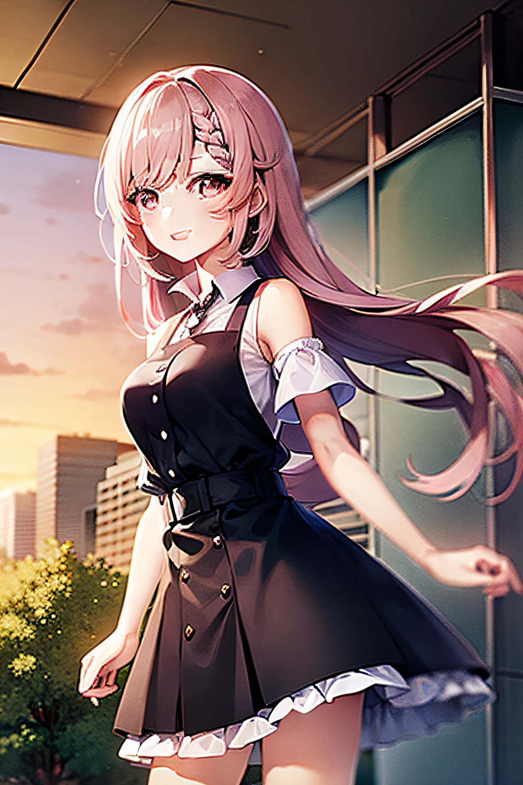 girl standing at the train station, smiling, braided long pink hair with red eyes, white sleeveless shirt, black skirt, rent a girlfriend style, cute anime girl, anime moe artstyle, best quality.