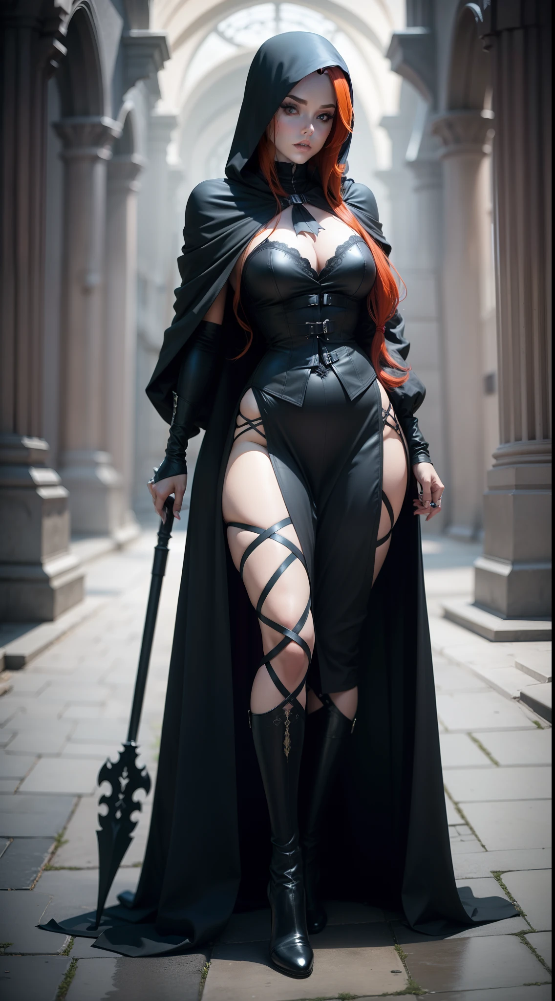 A stunning redhead dressed as the Grim Reaper, full body